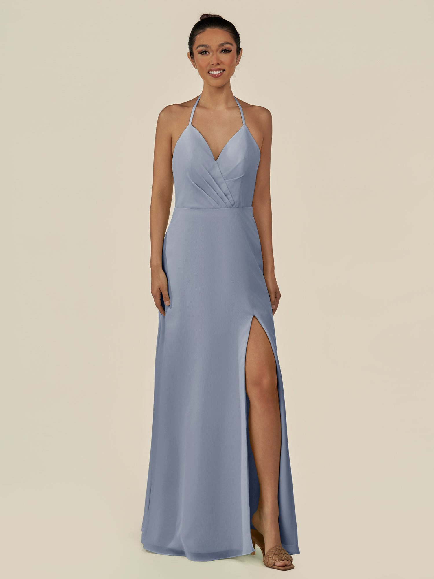 KissDress-Caris Twilight A Line Chiffon Halter Neck Pleated Long Bridesmaid Dress with Slit