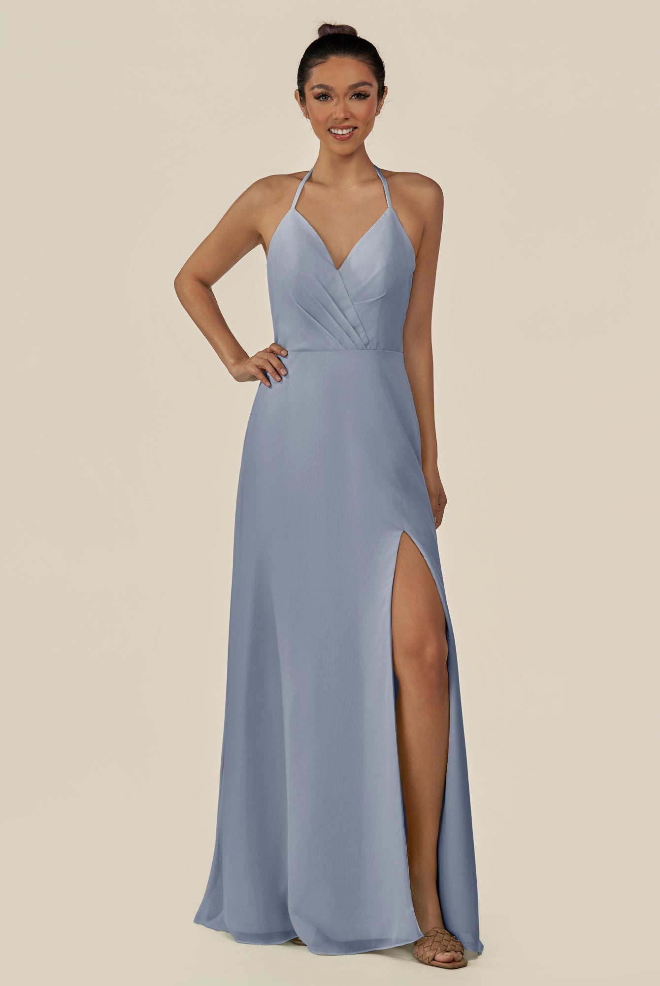 KissDress-Caris Twilight A Line Chiffon Halter Neck Pleated Long Bridesmaid Dress with Slit