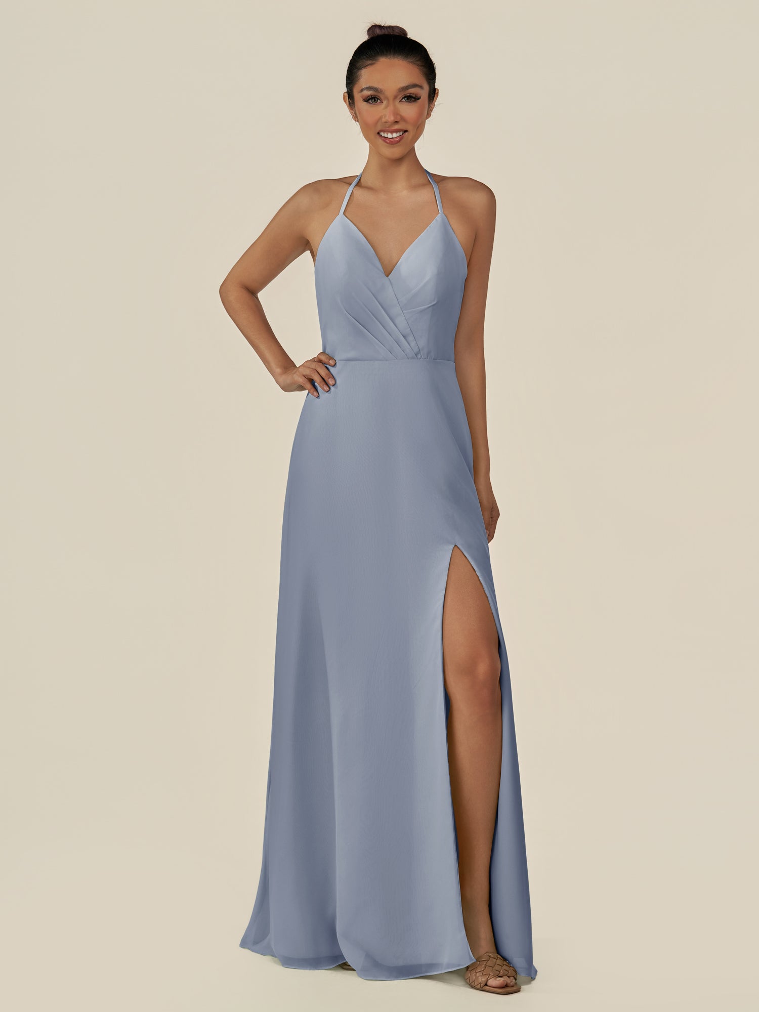 KissDress-Caris Twilight A Line Chiffon Halter Neck Pleated Long Bridesmaid Dress with Slit