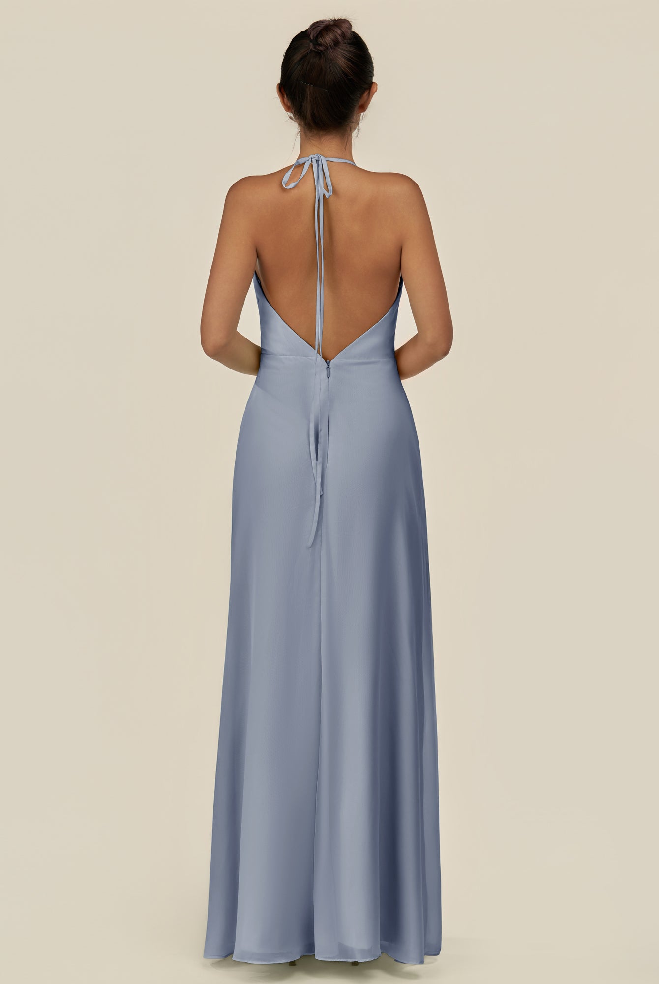 KissDress-Caris Twilight A Line Chiffon Halter Neck Pleated Long Bridesmaid Dress with Slit