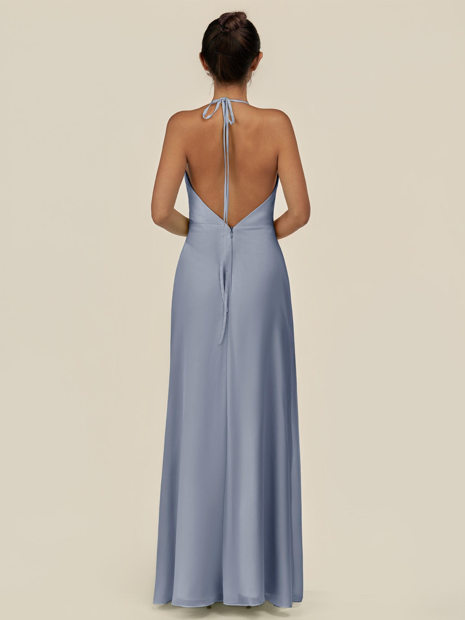 KissDress-Caris Twilight A Line Chiffon Halter Neck Pleated Long Bridesmaid Dress with Slit