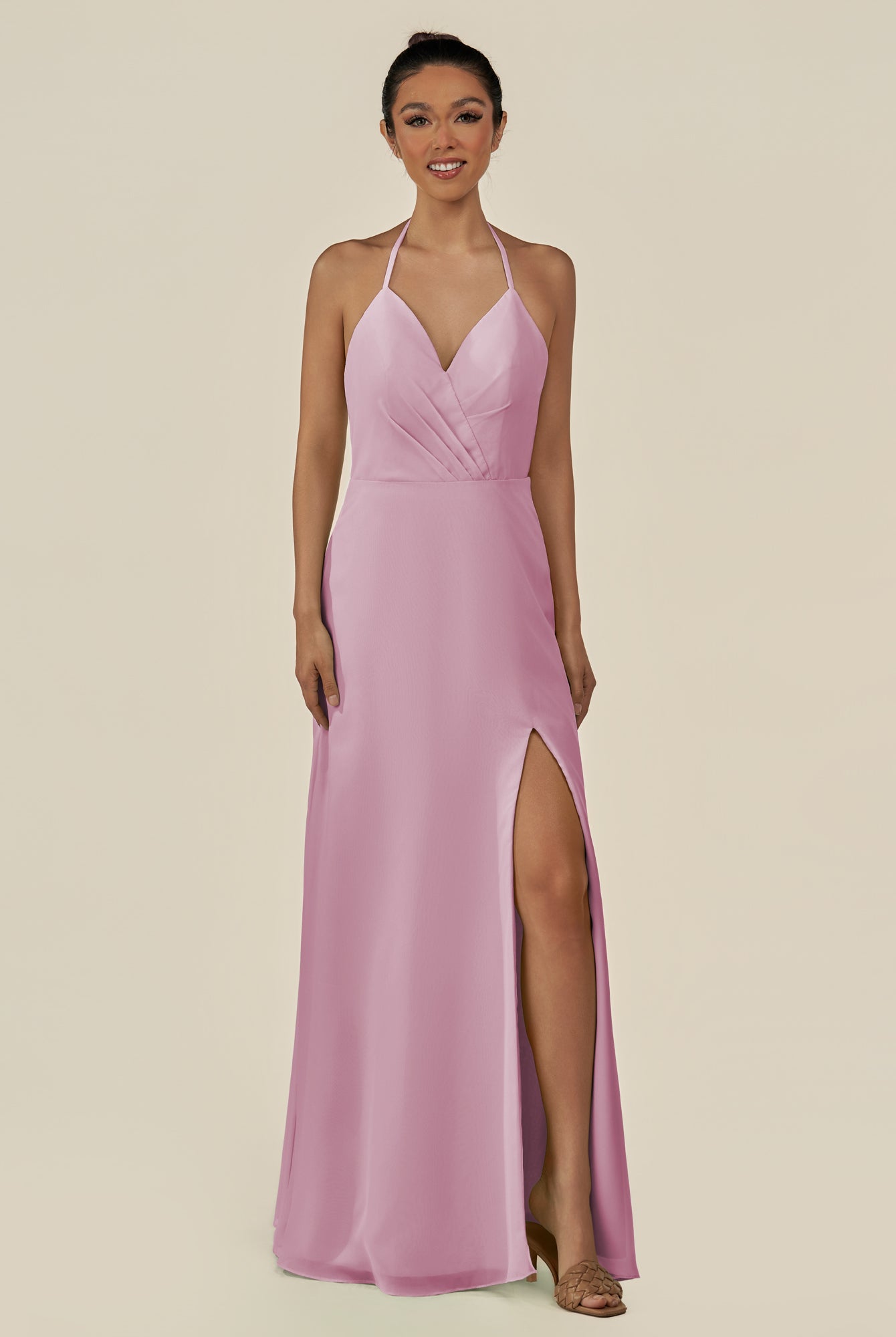 KissDress-Caris Vintage Mauve A Line Chiffon Halter Neck Pleated Long Bridesmaid Dress with Slit