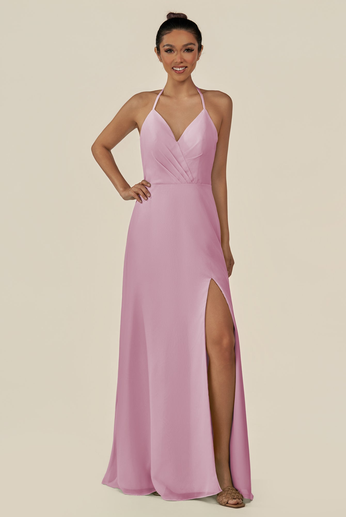 KissDress-Caris Vintage Mauve A Line Chiffon Halter Neck Pleated Long Bridesmaid Dress with Slit