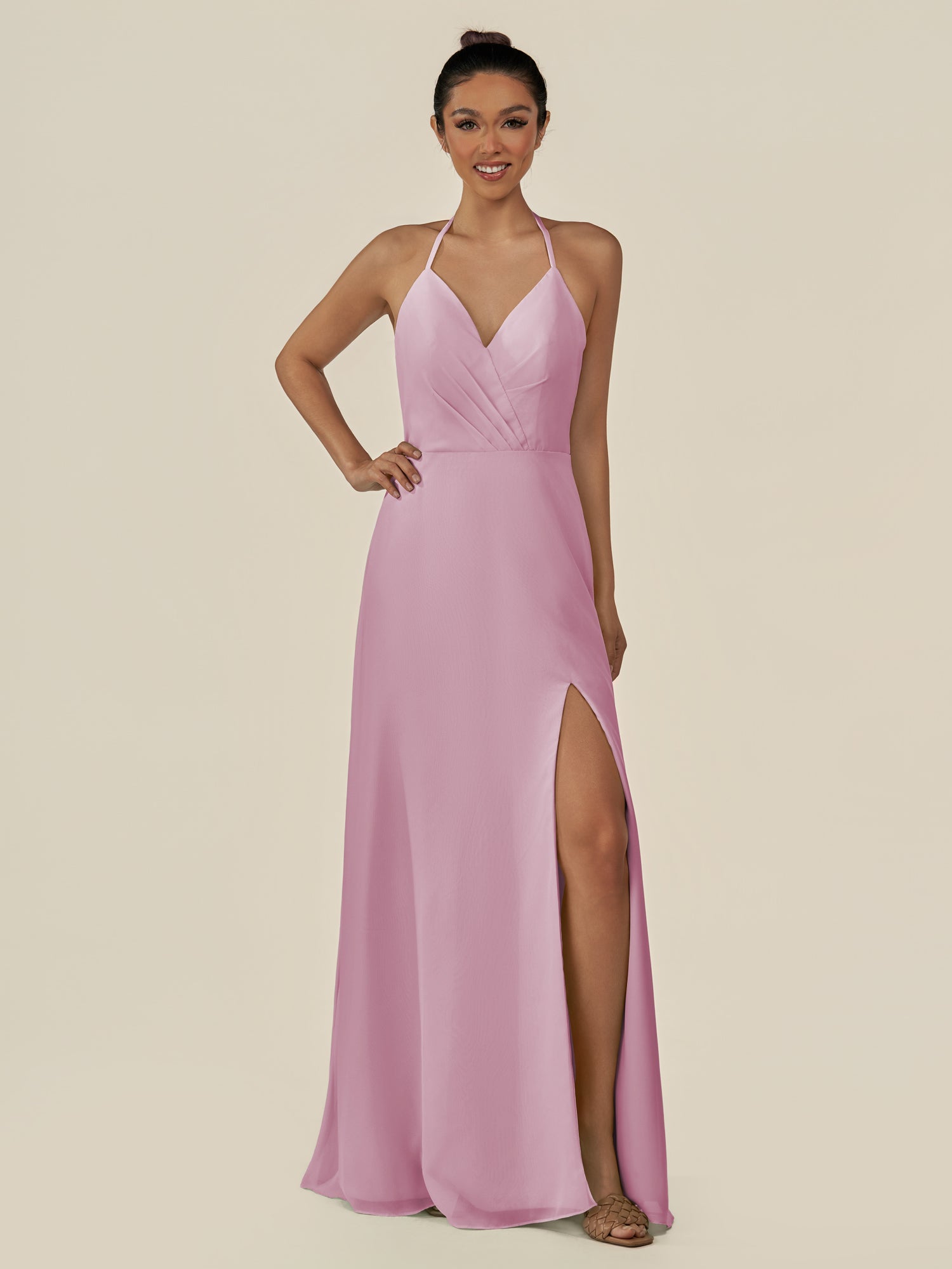 KissDress-Caris Vintage Mauve A Line Chiffon Halter Neck Pleated Long Bridesmaid Dress with Slit