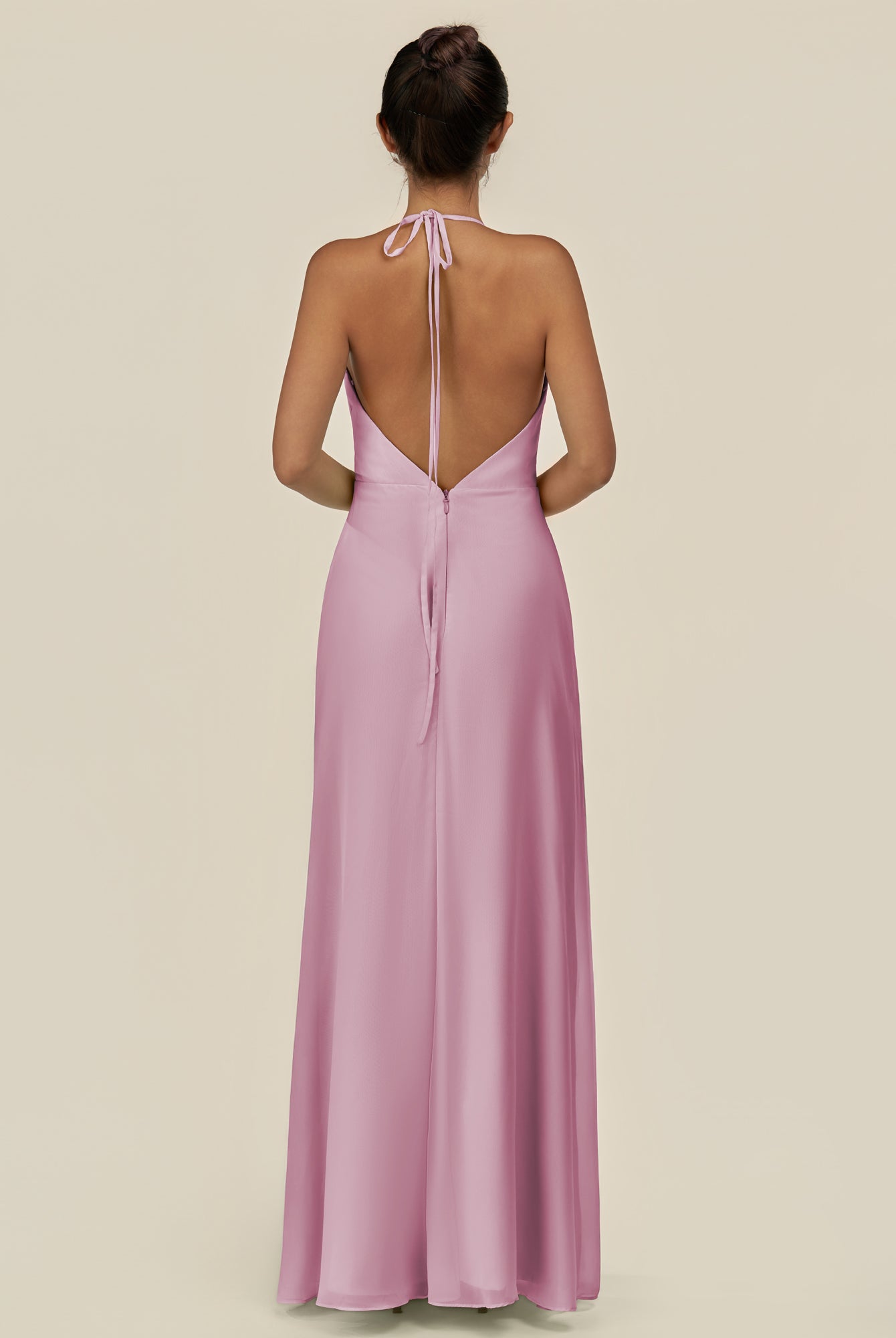 KissDress-Caris Vintage Mauve A Line Chiffon Halter Neck Pleated Long Bridesmaid Dress with Slit