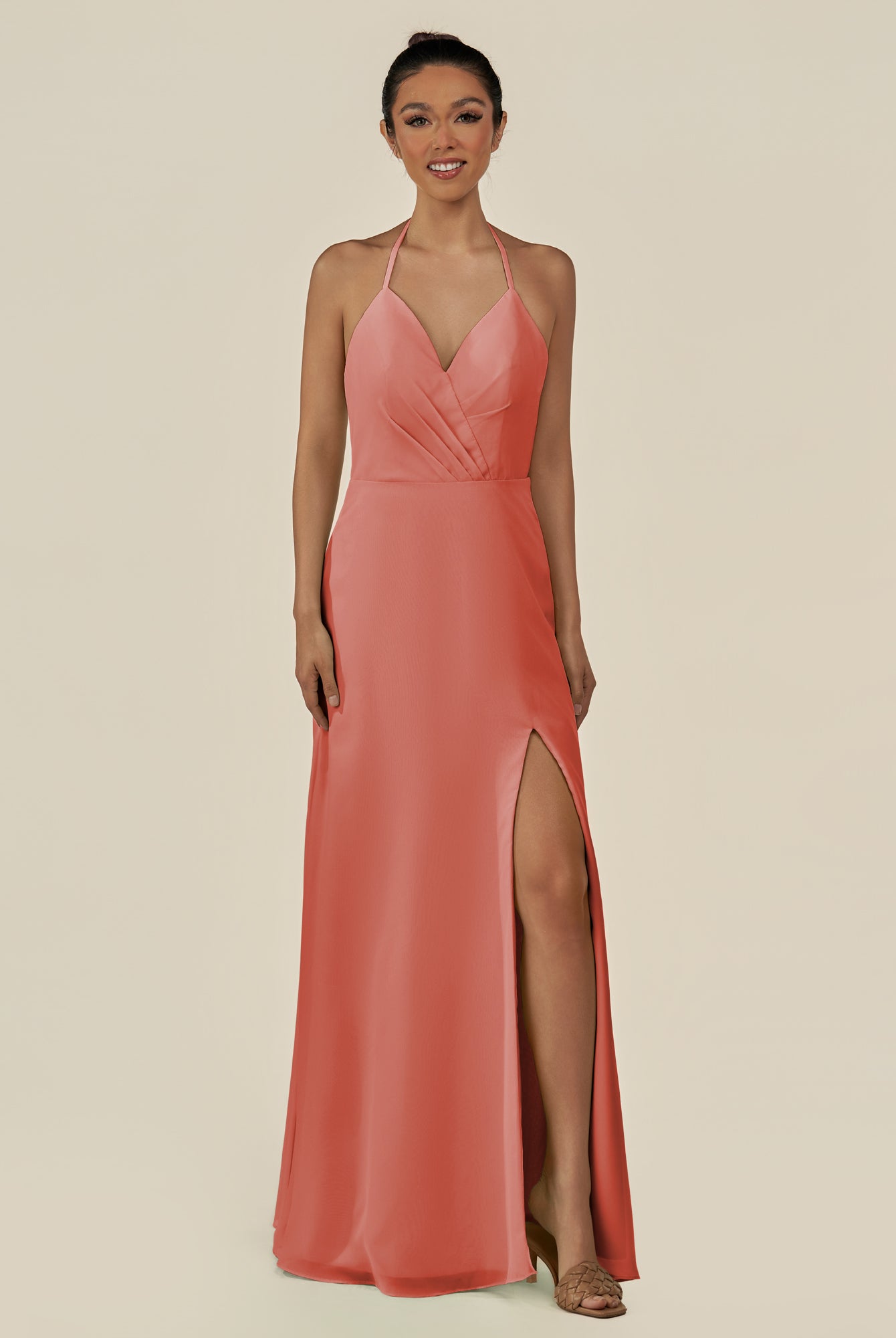KissDress-Caris Wild Rose A Line Chiffon Halter Neck Pleated Long Bridesmaid Dress with Slit