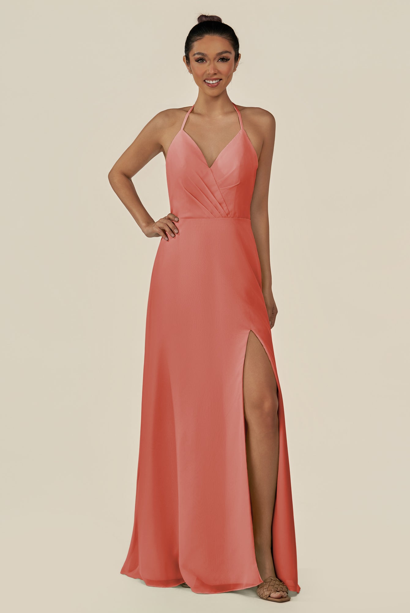 KissDress-Caris Wild Rose A Line Chiffon Halter Neck Pleated Long Bridesmaid Dress with Slit