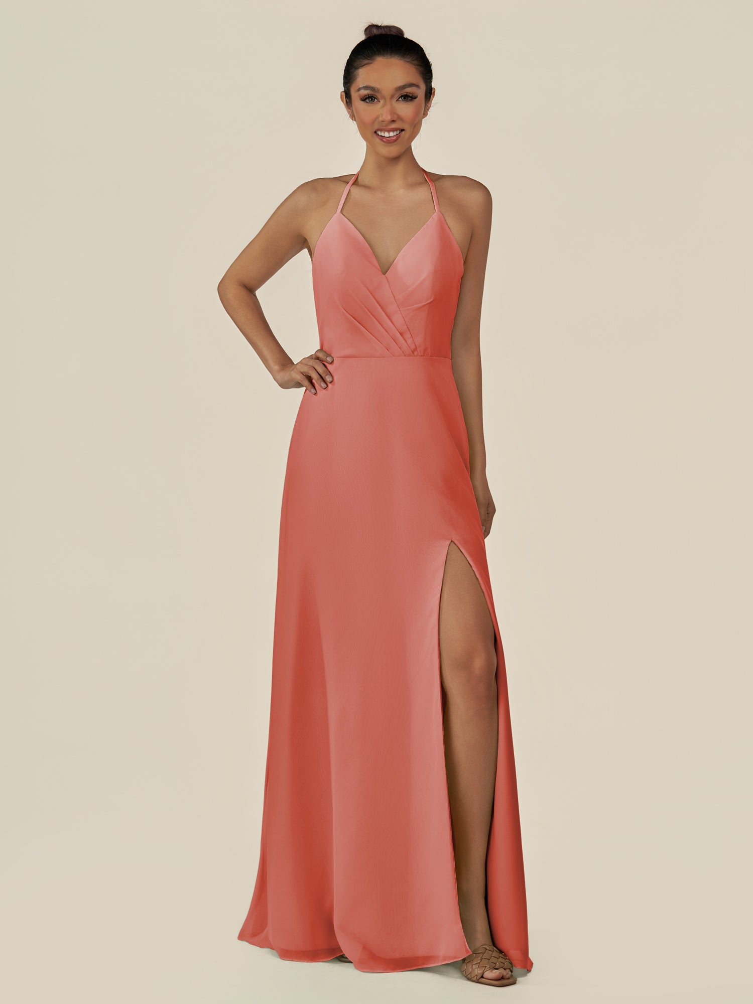 KissDress-Caris Wild Rose A Line Chiffon Halter Neck Pleated Long Bridesmaid Dress with Slit