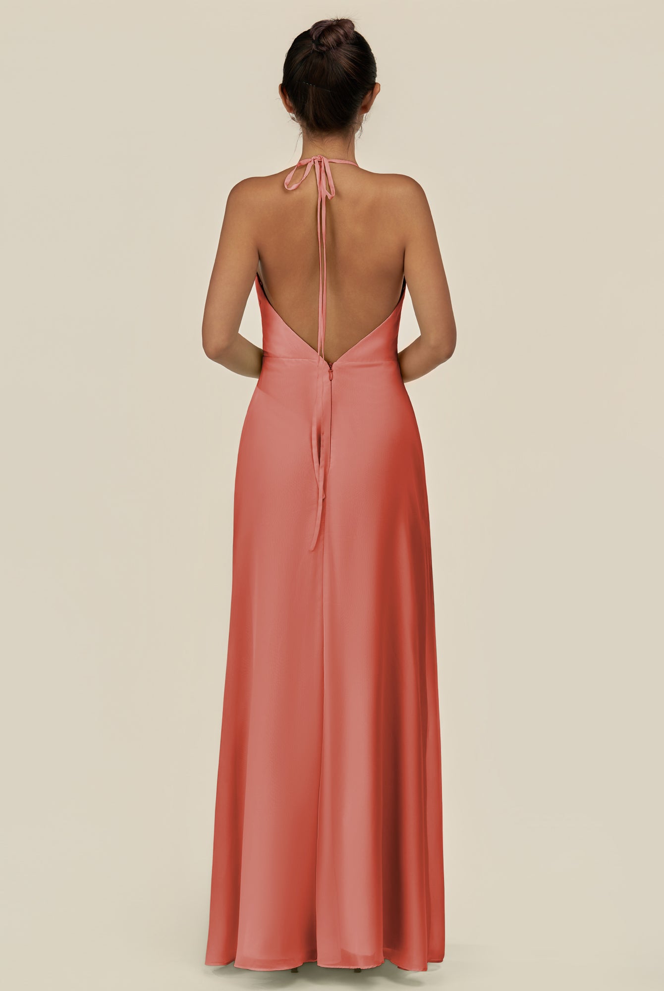 KissDress-Caris Wild Rose A Line Chiffon Halter Neck Pleated Long Bridesmaid Dress with Slit