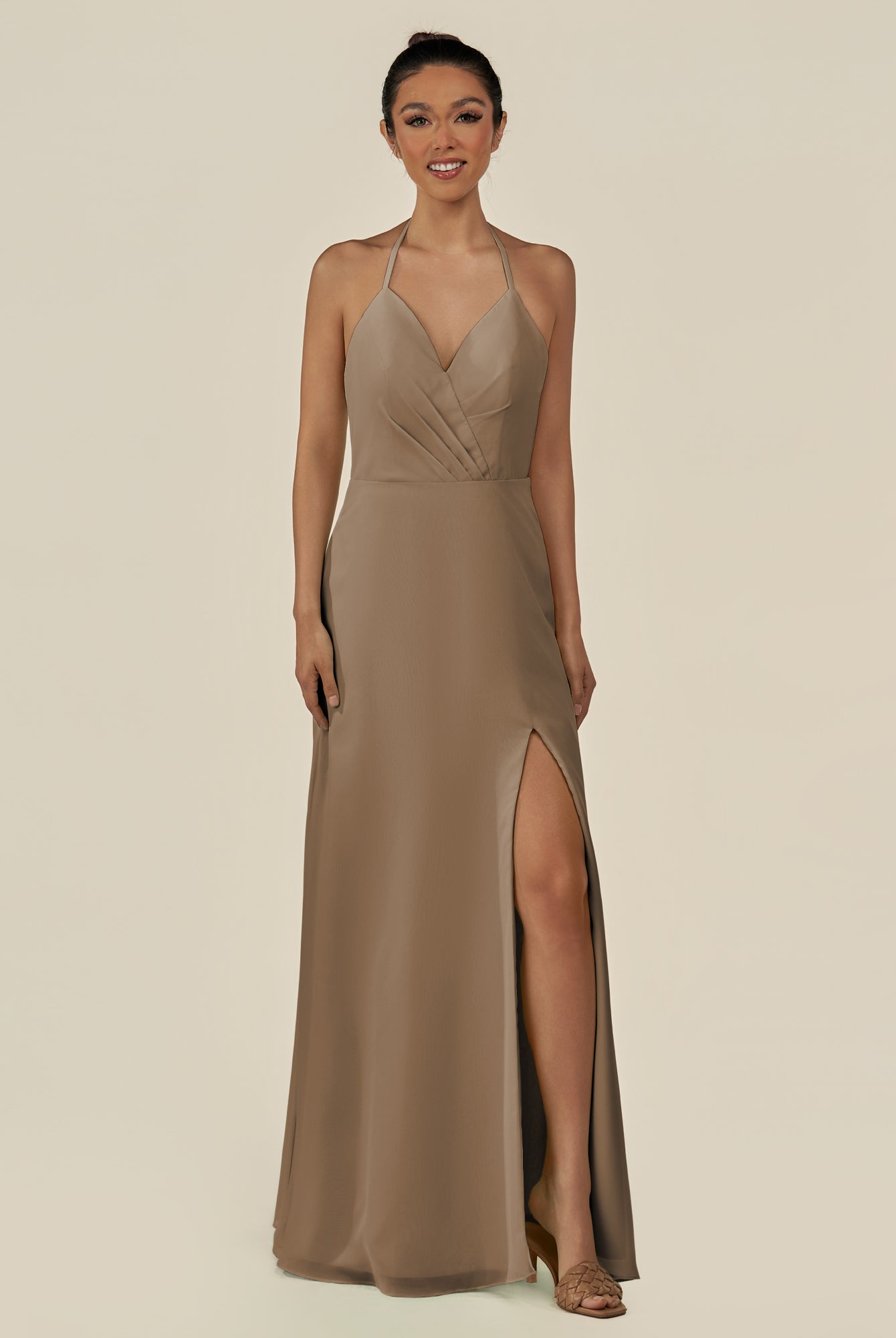 KissDress-Caris Willow Green A Line Chiffon Halter Neck Pleated Long Bridesmaid Dress with Slit