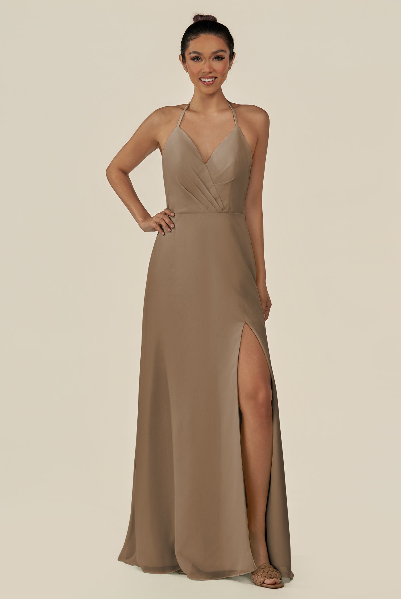KissDress-Caris Willow Green A Line Chiffon Halter Neck Pleated Long Bridesmaid Dress with Slit