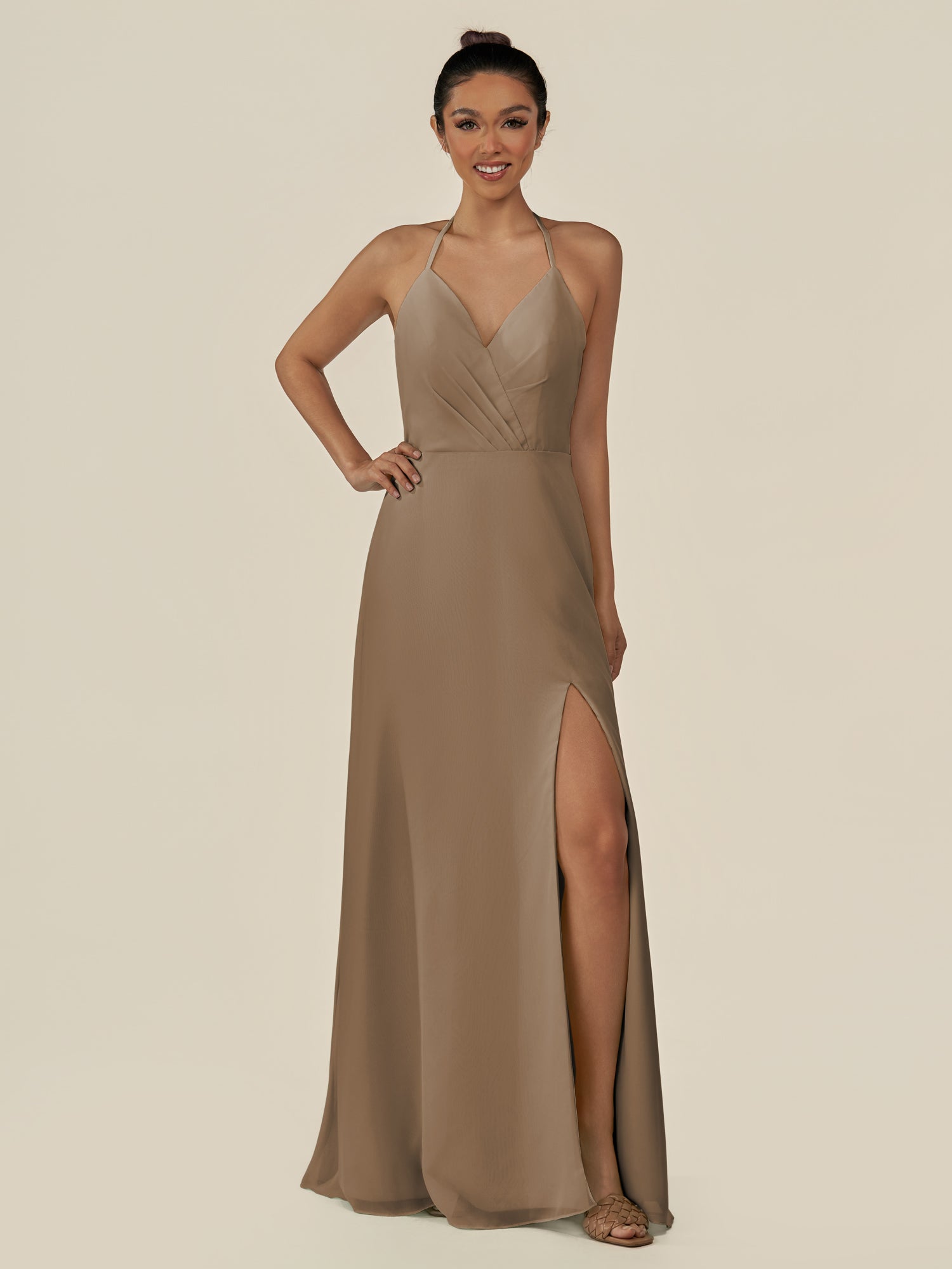 KissDress-Caris Willow Green A Line Chiffon Halter Neck Pleated Long Bridesmaid Dress with Slit