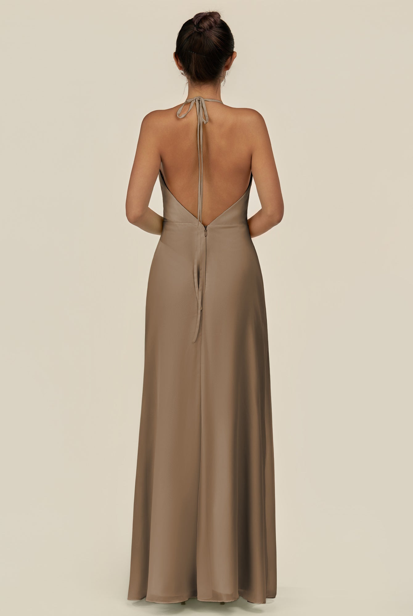 KissDress-Caris Willow Green A Line Chiffon Halter Neck Pleated Long Bridesmaid Dress with Slit