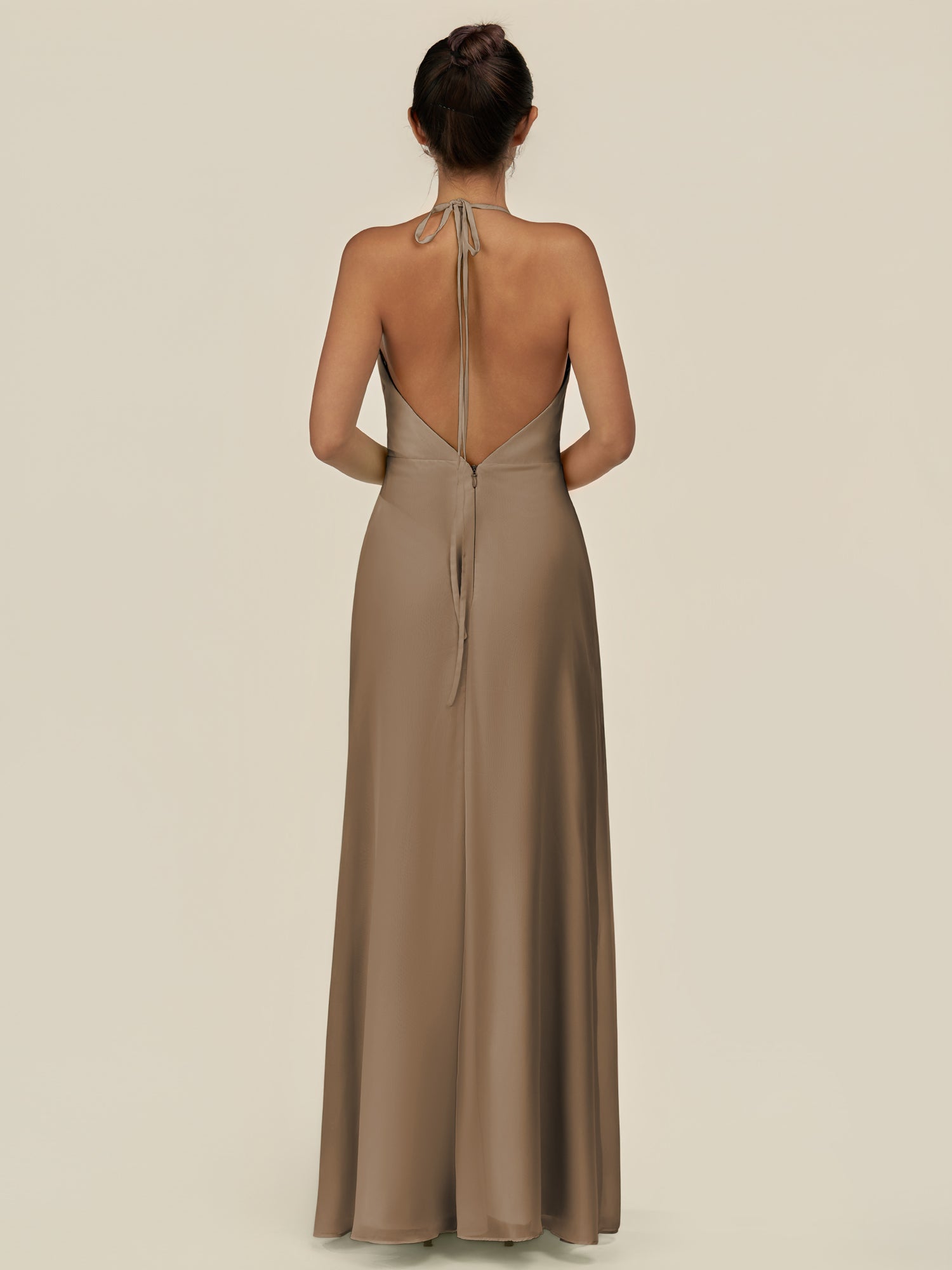 KissDress-Caris Willow Green A Line Chiffon Halter Neck Pleated Long Bridesmaid Dress with Slit