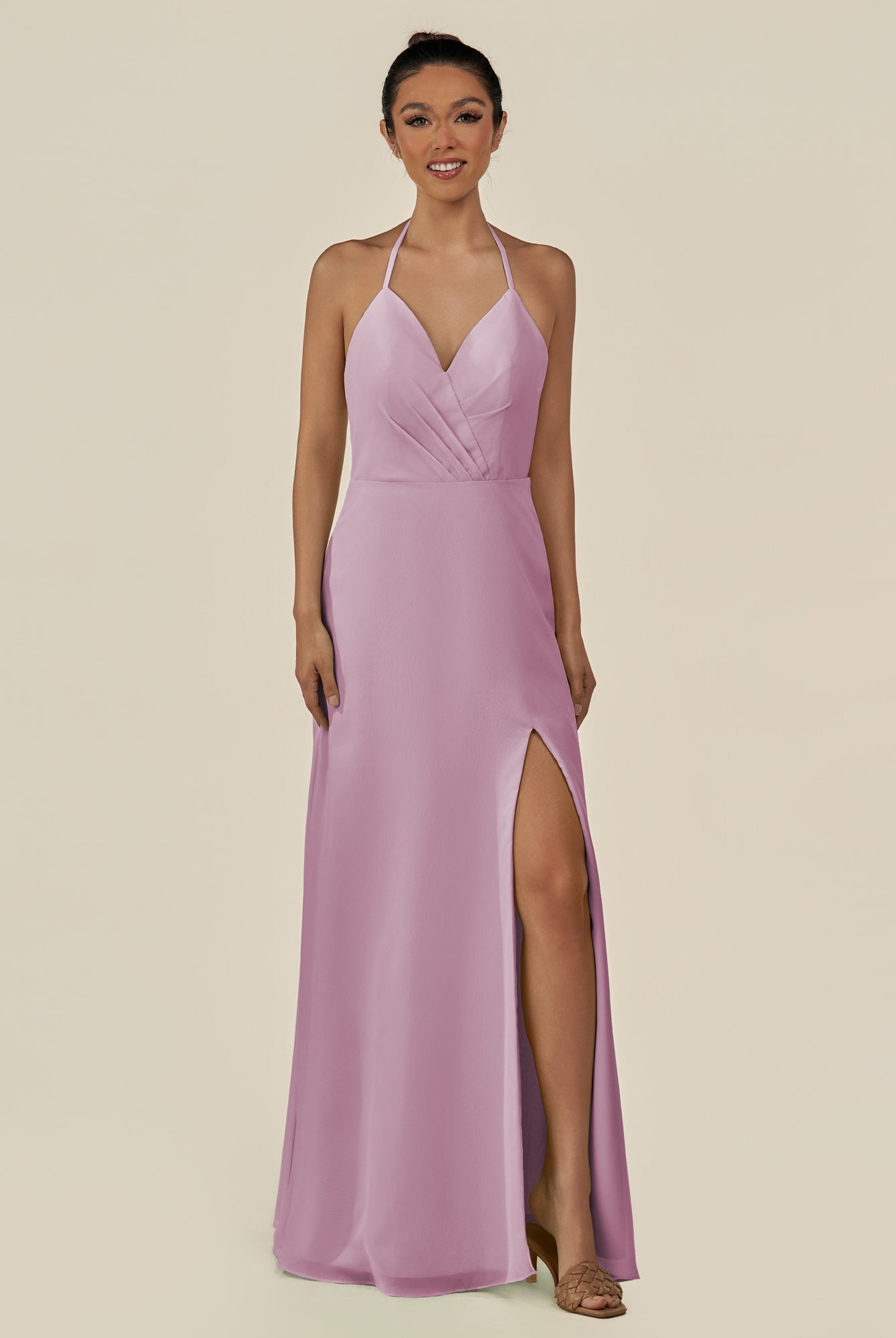 KissDress-Caris Wisteria A Line Chiffon Halter Neck Pleated Long Bridesmaid Dress with Slit