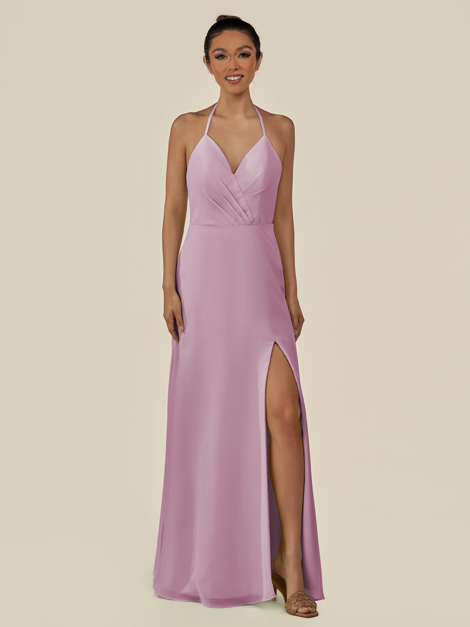 KissDress-Caris Wisteria A Line Chiffon Halter Neck Pleated Long Bridesmaid Dress with Slit