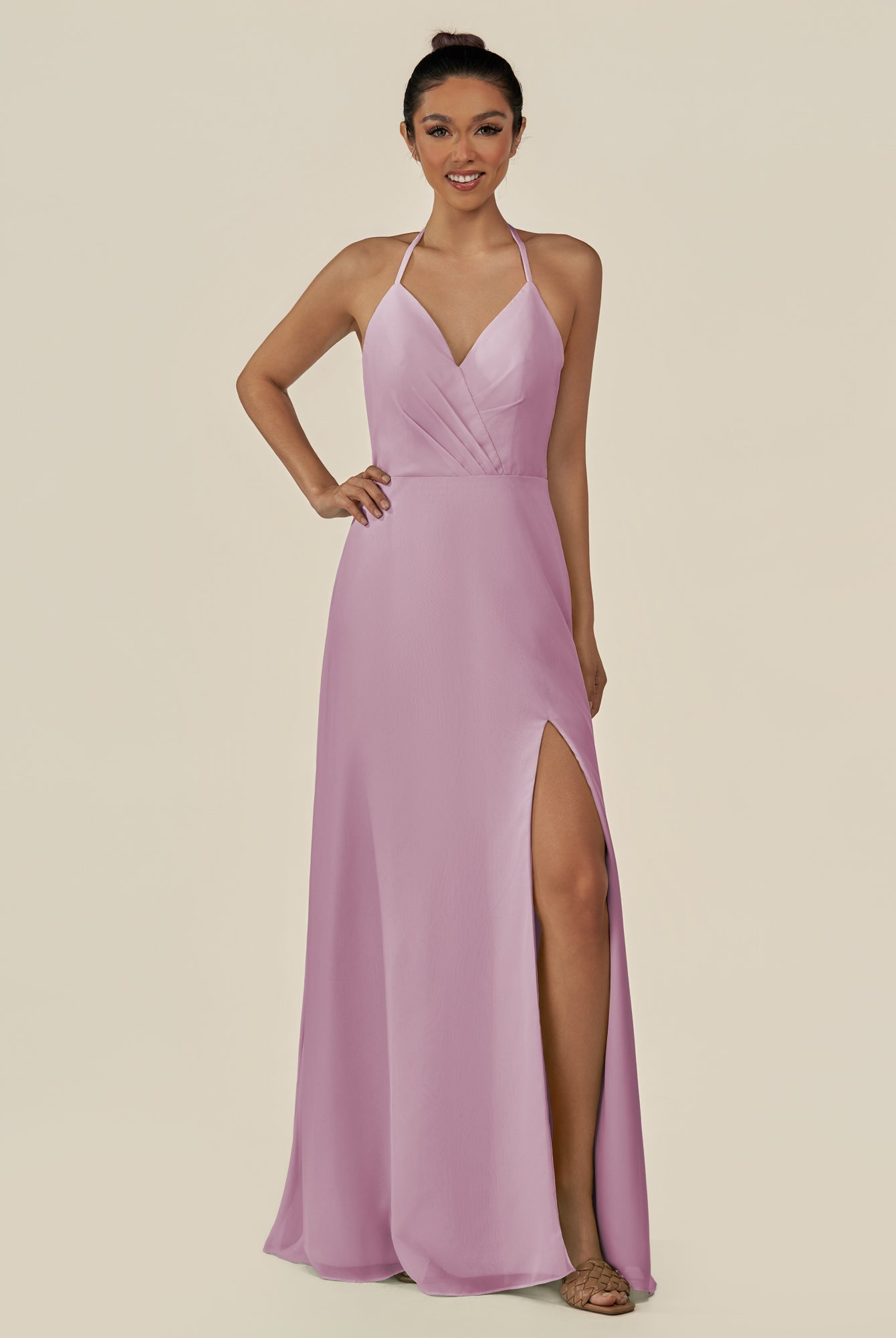 KissDress-Caris Wisteria A Line Chiffon Halter Neck Pleated Long Bridesmaid Dress with Slit