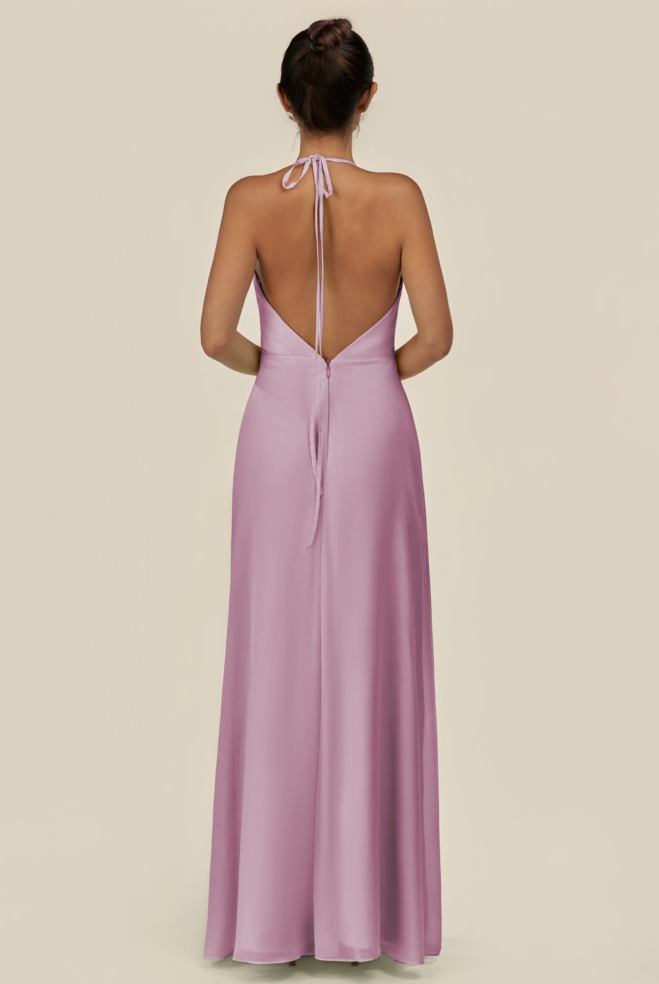 KissDress-Caris Wisteria A Line Chiffon Halter Neck Pleated Long Bridesmaid Dress with Slit