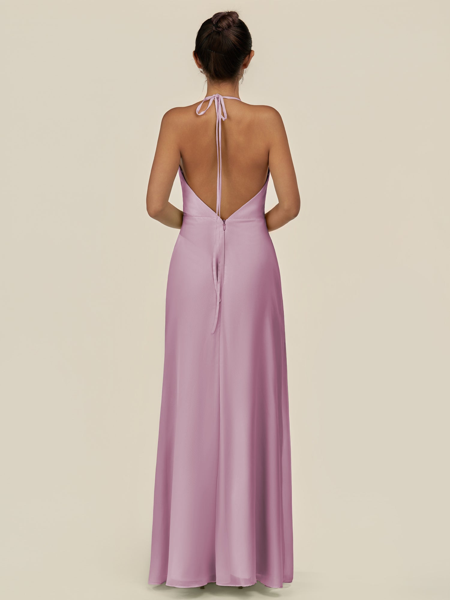 KissDress-Caris Wisteria A Line Chiffon Halter Neck Pleated Long Bridesmaid Dress with Slit