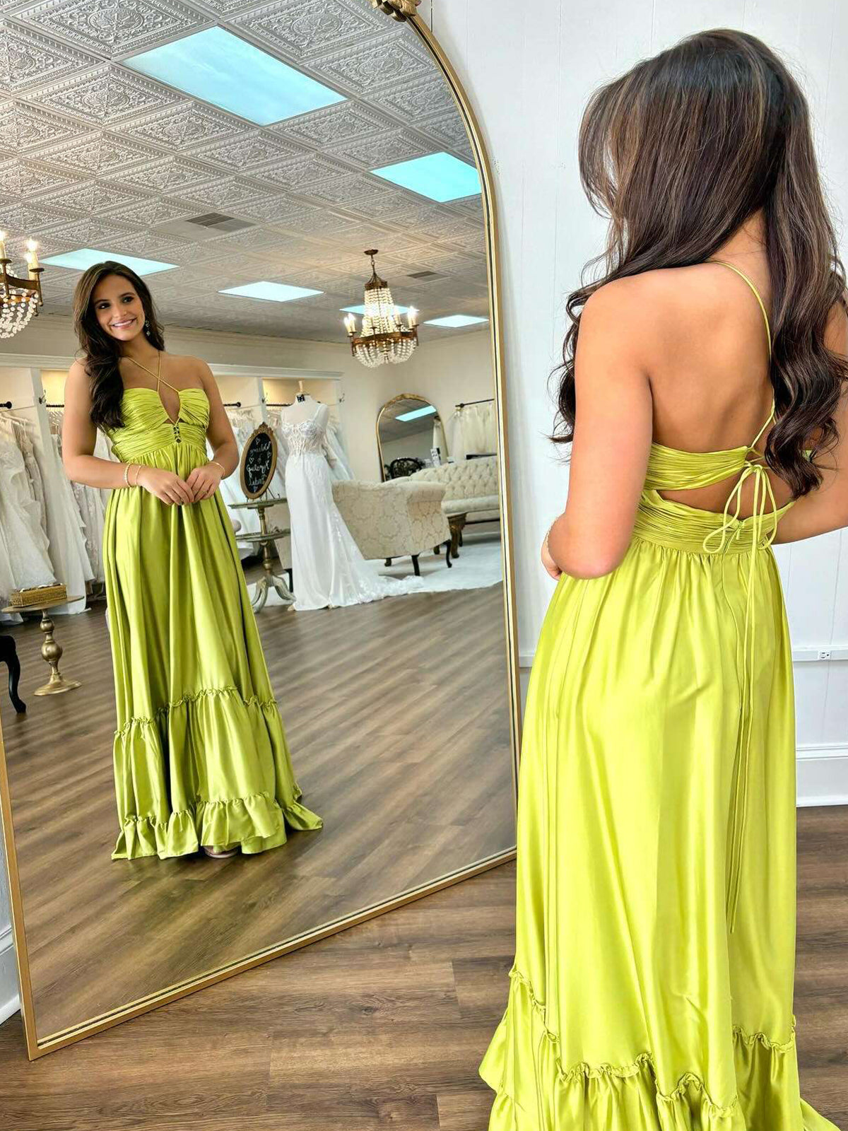 Criss-cross Chartreuse Ruched A-line Halter Sleeveless Long Prom Dress