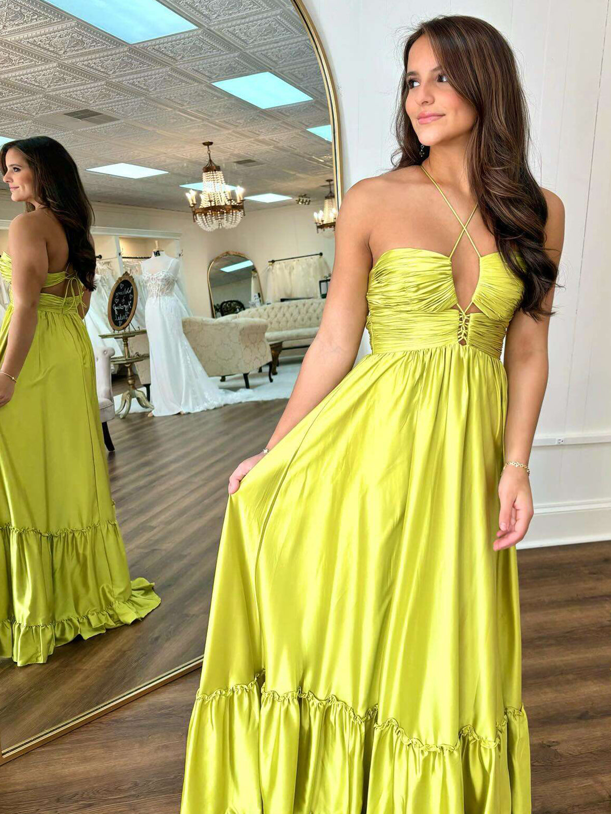 Criss-cross Chartreuse Ruched A-line Halter Sleeveless Long Prom Dress
