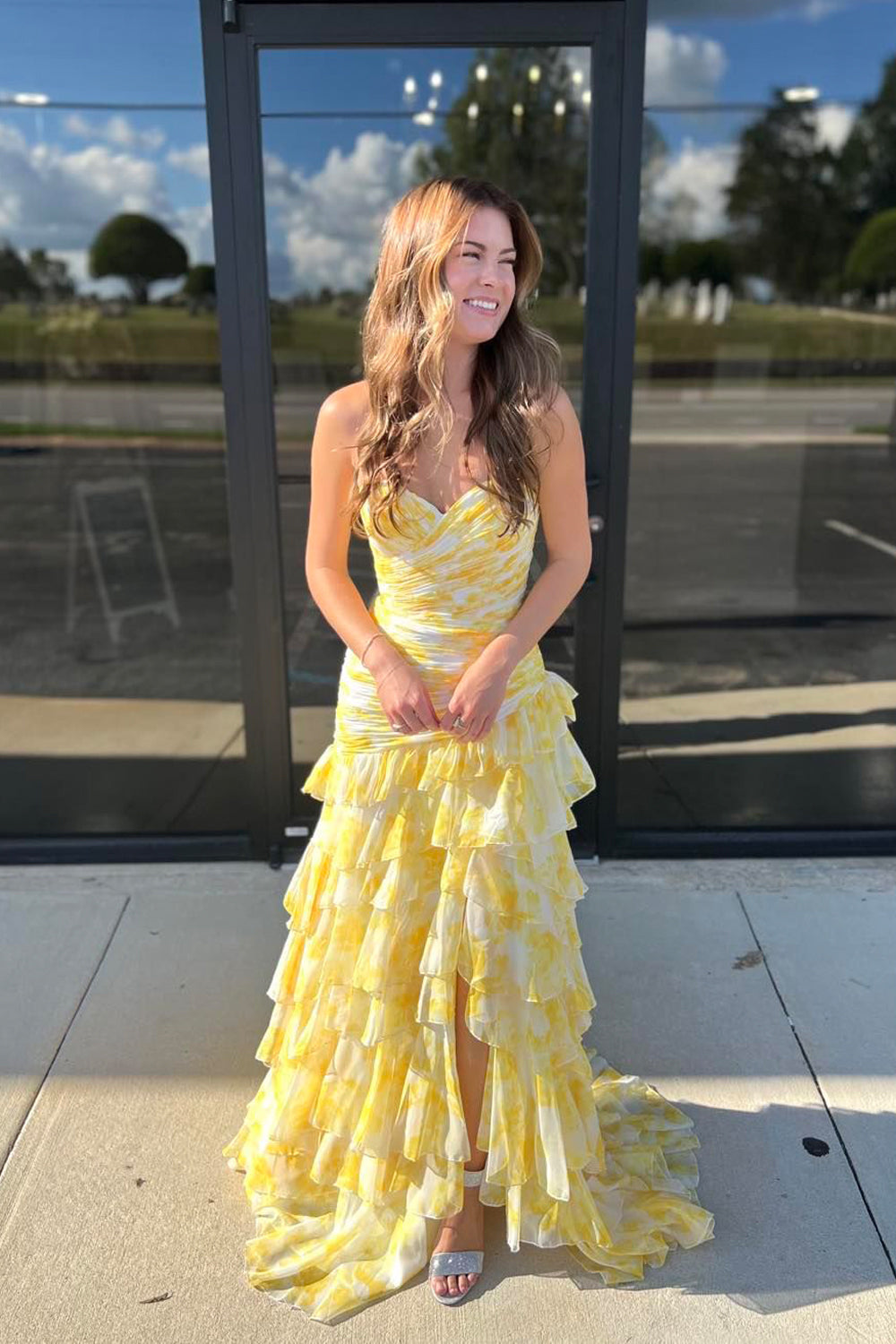 Mermaid Sweetheart Printed Chiffon Long Prom Dresses with Slit