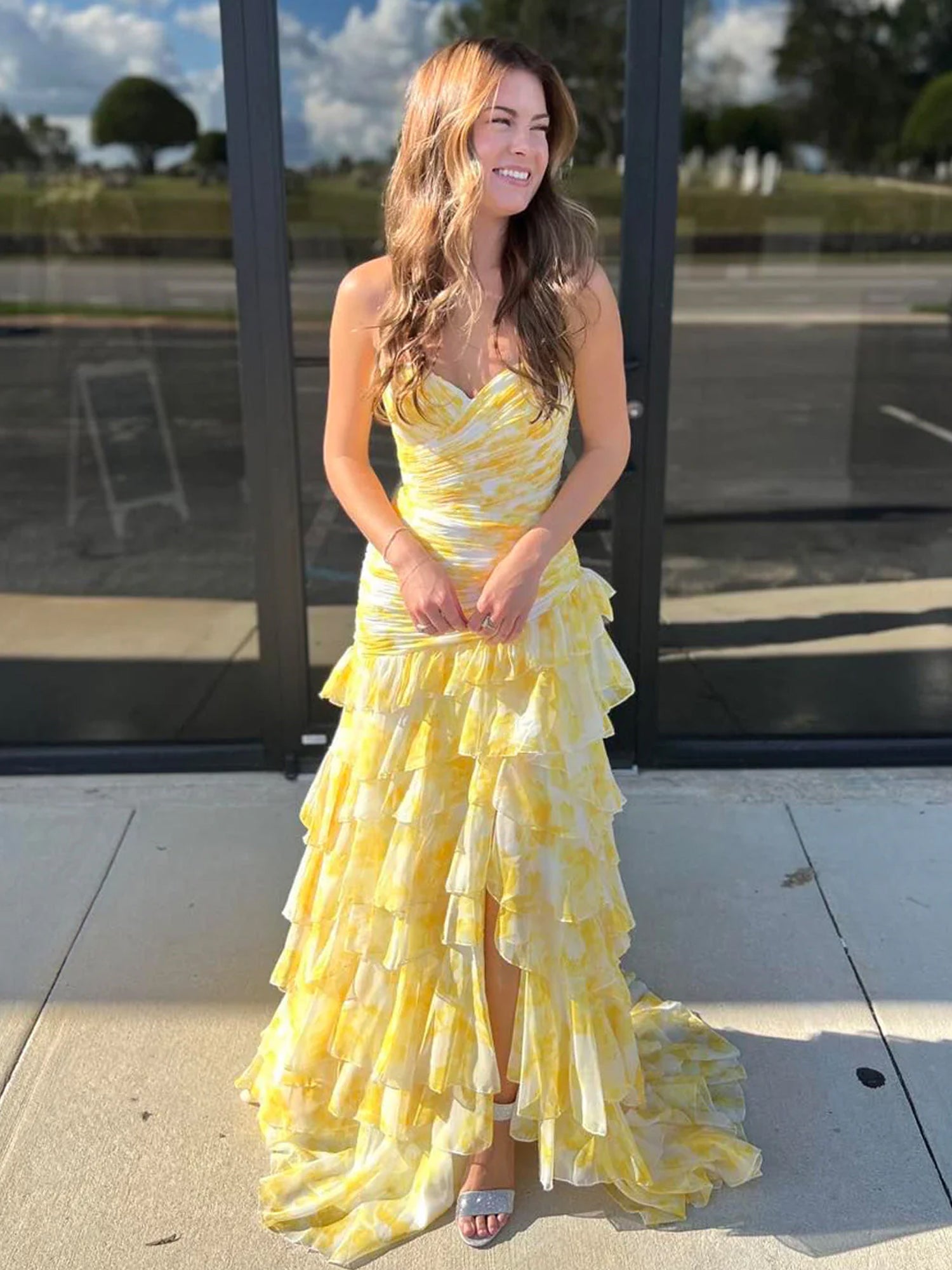 Mermaid Sweetheart Printed Chiffon Long Prom Dresses with Slit