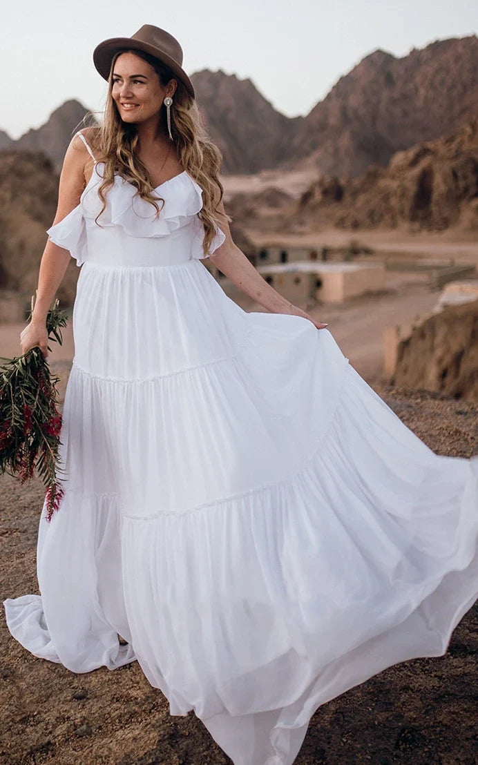 Casual Chiffon Spaghetti A Line Sleeveless Wedding Dress with Ruffles and Open Back
