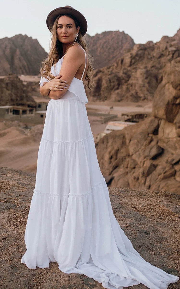 Casual Chiffon Spaghetti A Line Sleeveless Wedding Dress with Ruffles and Open Back