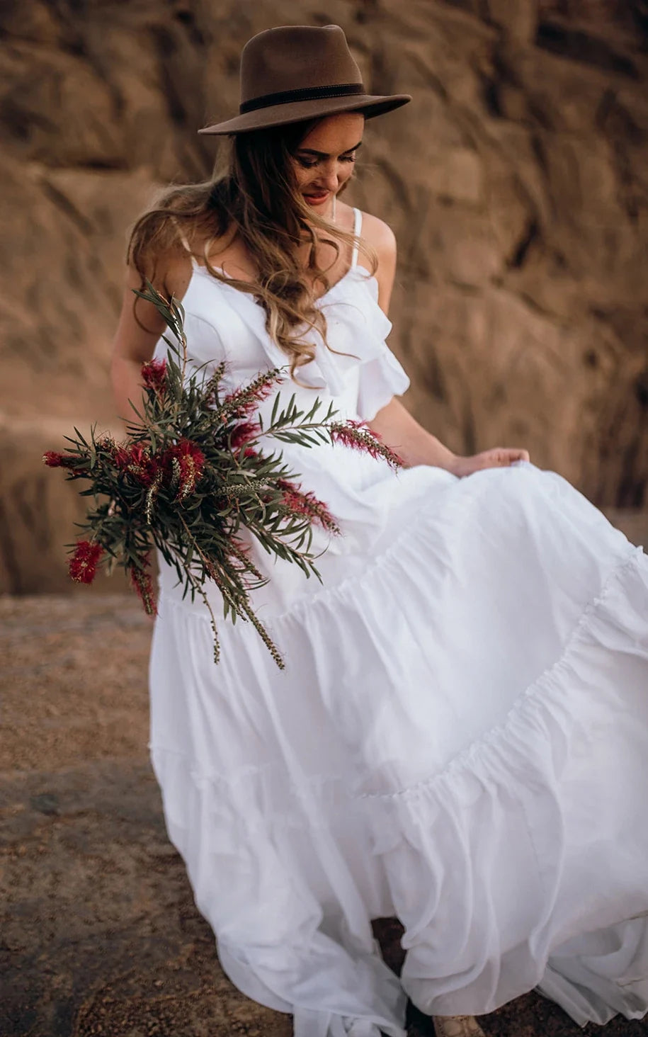Casual Chiffon Spaghetti A Line Sleeveless Wedding Dress with Ruffles and Open Back