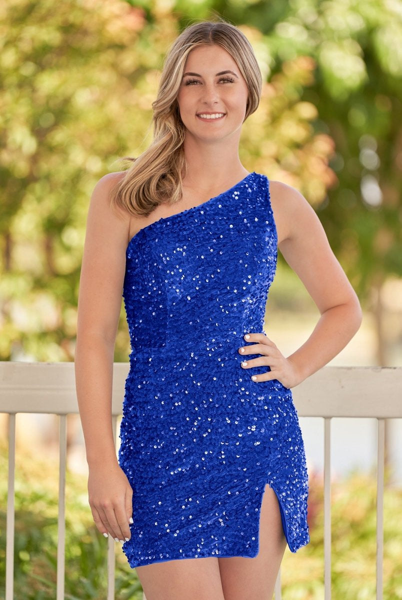 Cate | Sheath One Shoulder Blue Sequin Homecoming Dress With Slit - KissProm