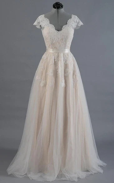 Cap Sleeve V-Neck Lace Wedding Dress With Tulle Skirt and V-Back