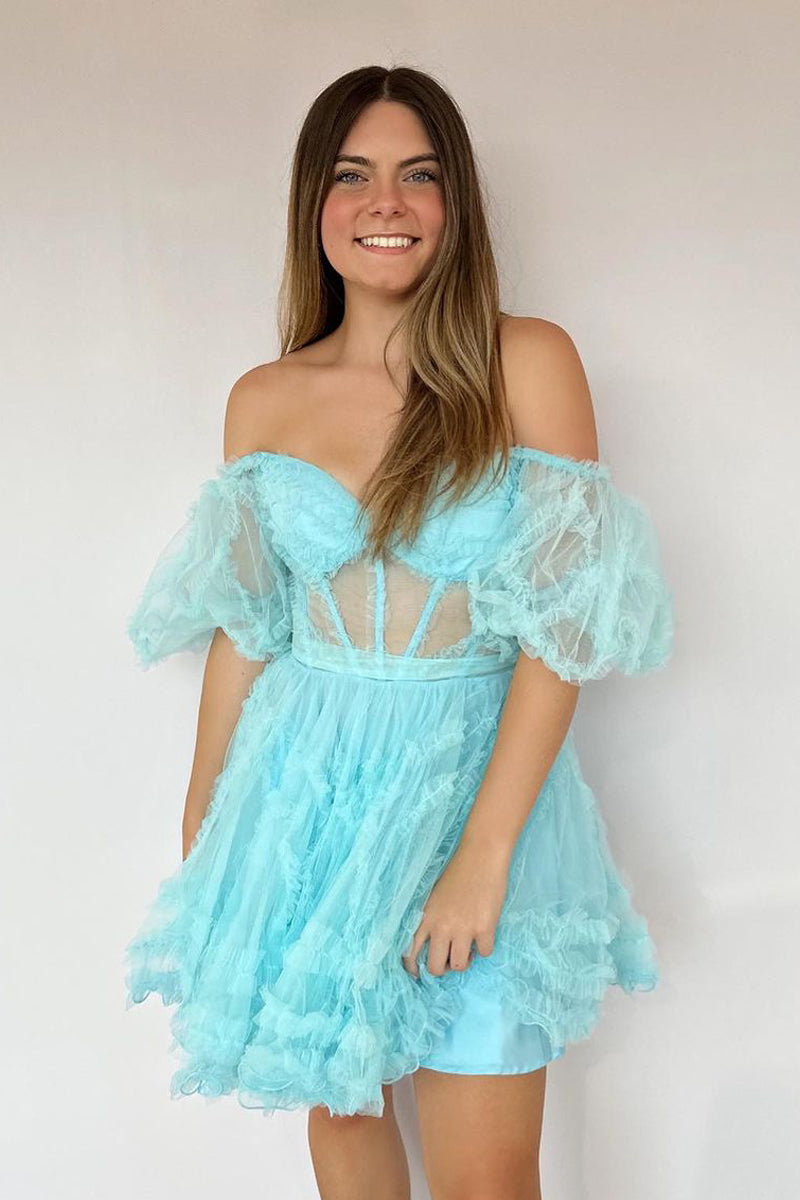 Pretty A-Line Sweetheart Lake Blue Tulle Homecoming Dresses