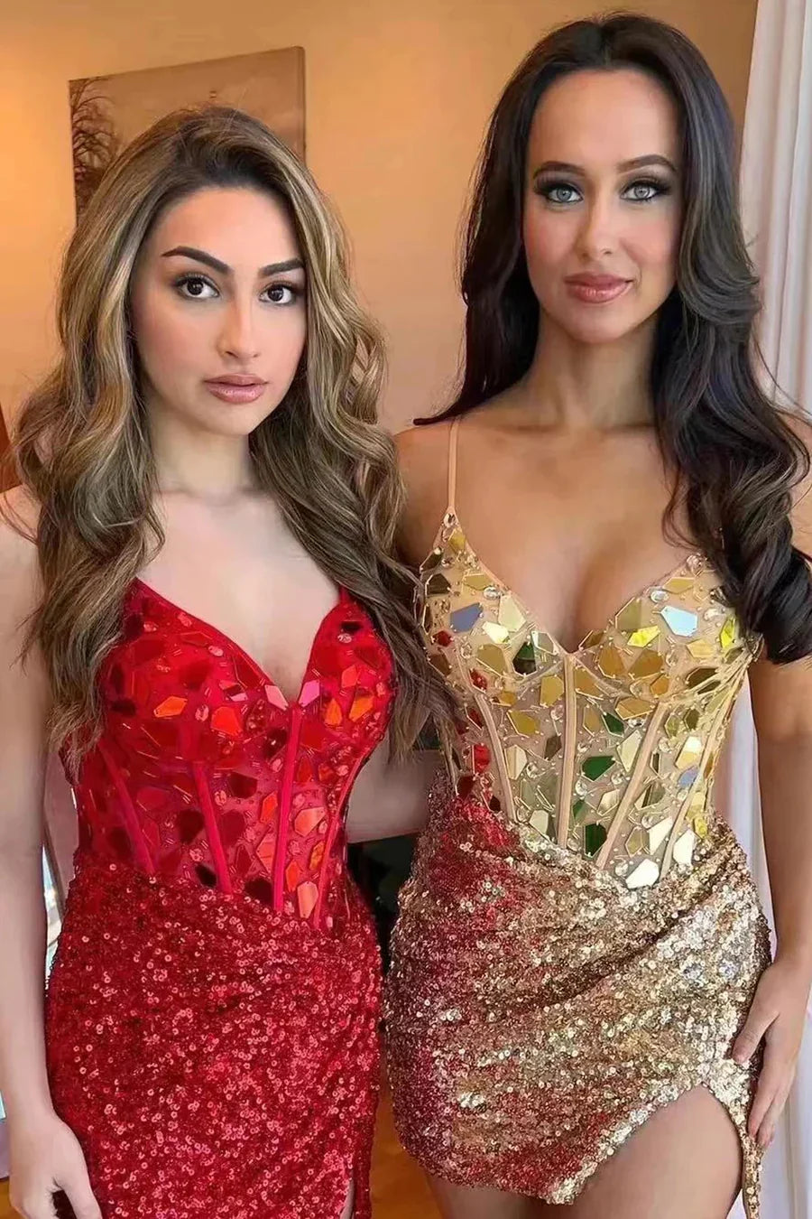 Red Mirror-Cut Sequins Halter Sheath V Neck Homecoming Dress