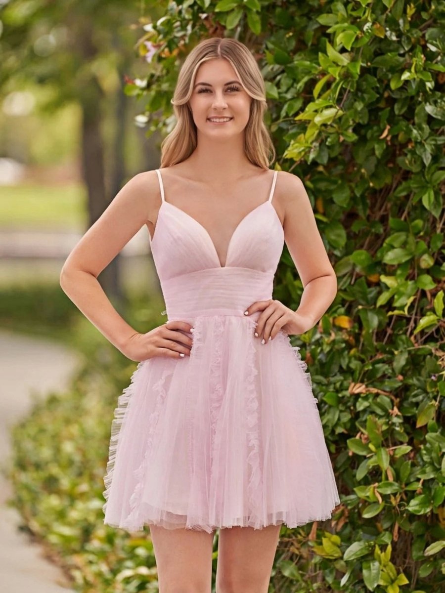 Celeste | A - Line Deep V Neck Ruched Short Homecoming Dress - KissProm