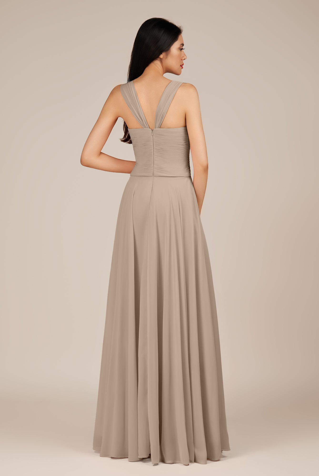 KissDress-Cerelia Almond A Line V Neck Chiffon Long Bridesmaid Dress with Pleats