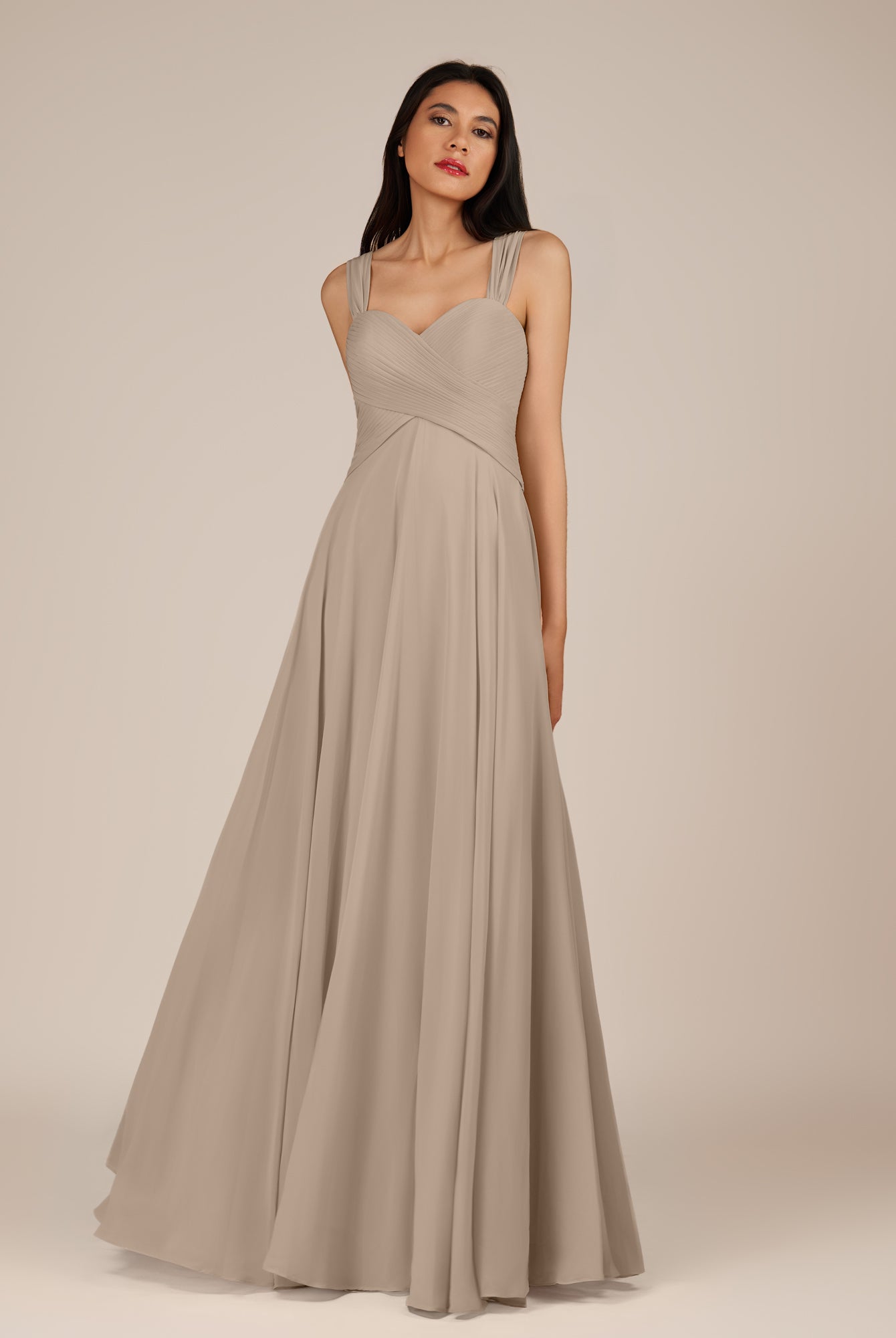 KissDress-Cerelia Almond A Line V Neck Chiffon Long Bridesmaid Dress with Pleats