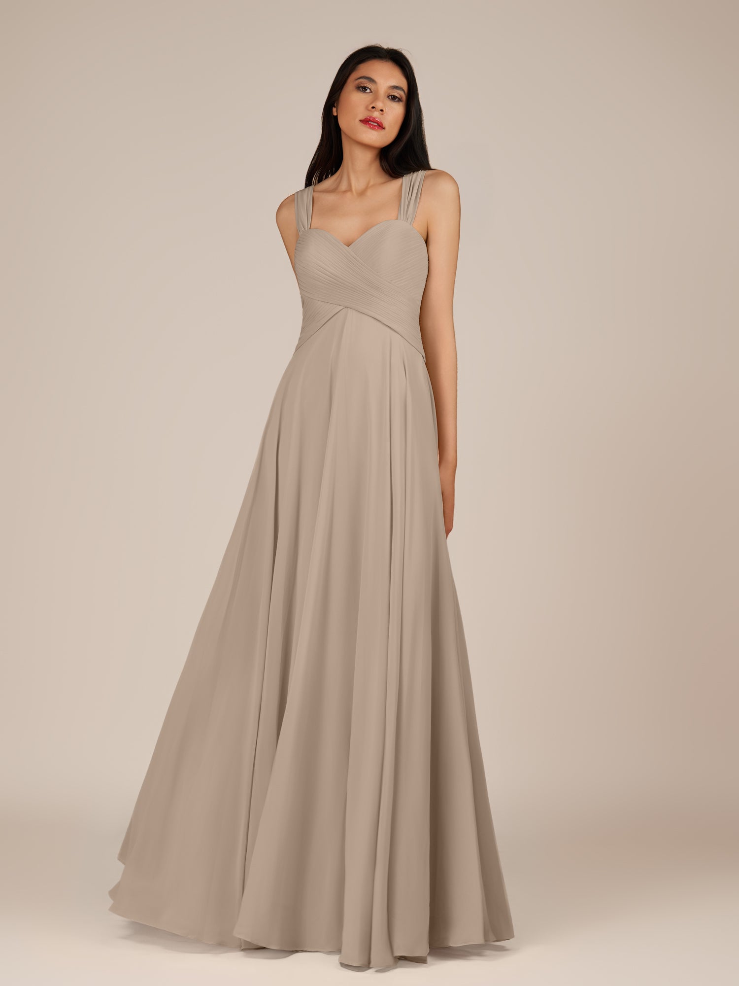 KissDress-Cerelia Almond A Line V Neck Chiffon Long Bridesmaid Dress with Pleats