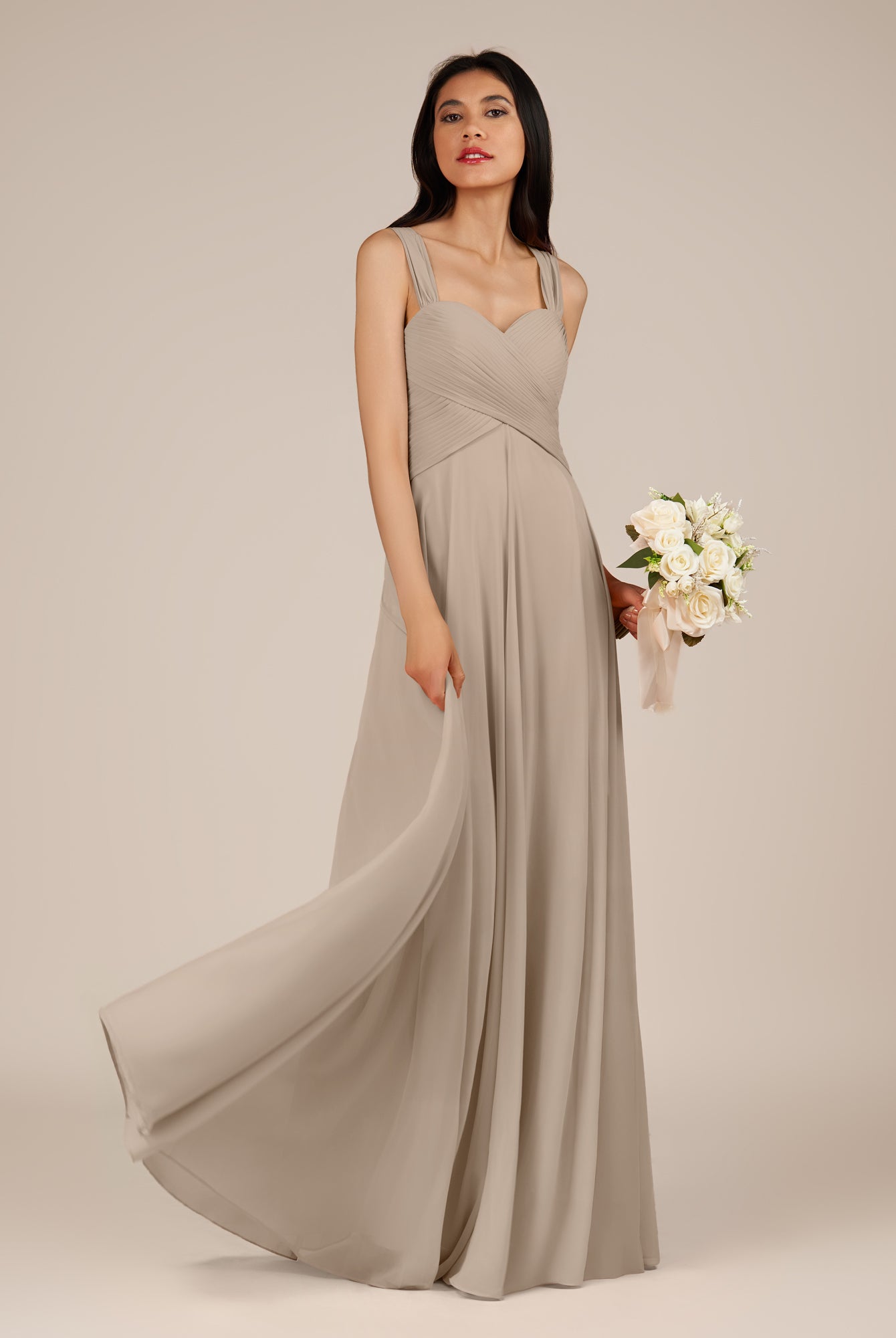 KissDress-Cerelia Almond A Line V Neck Chiffon Long Bridesmaid Dress with Pleats