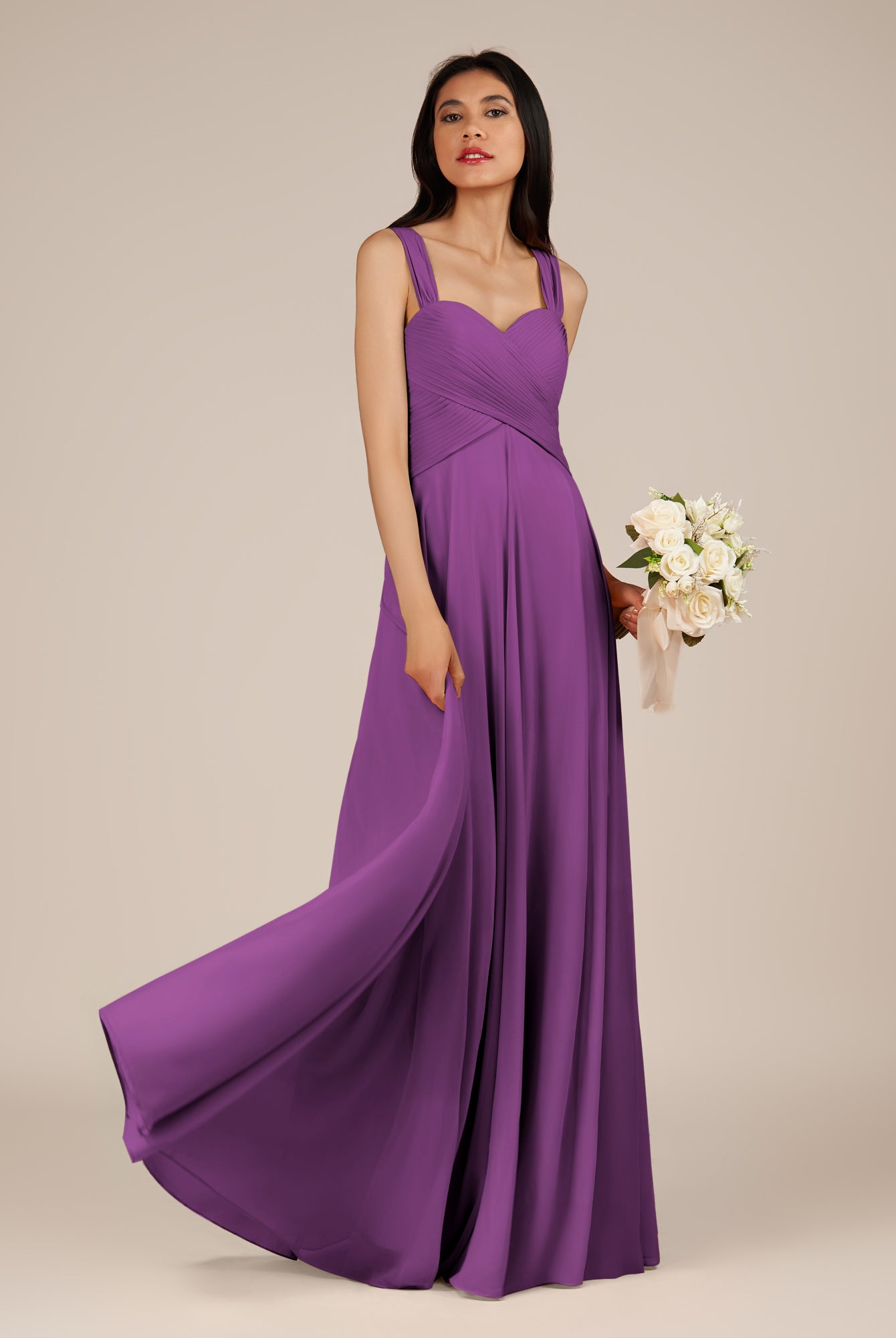 KissDress-Cerelia Amethyst A Line V Neck Chiffon Long Bridesmaid Dress with Pleats