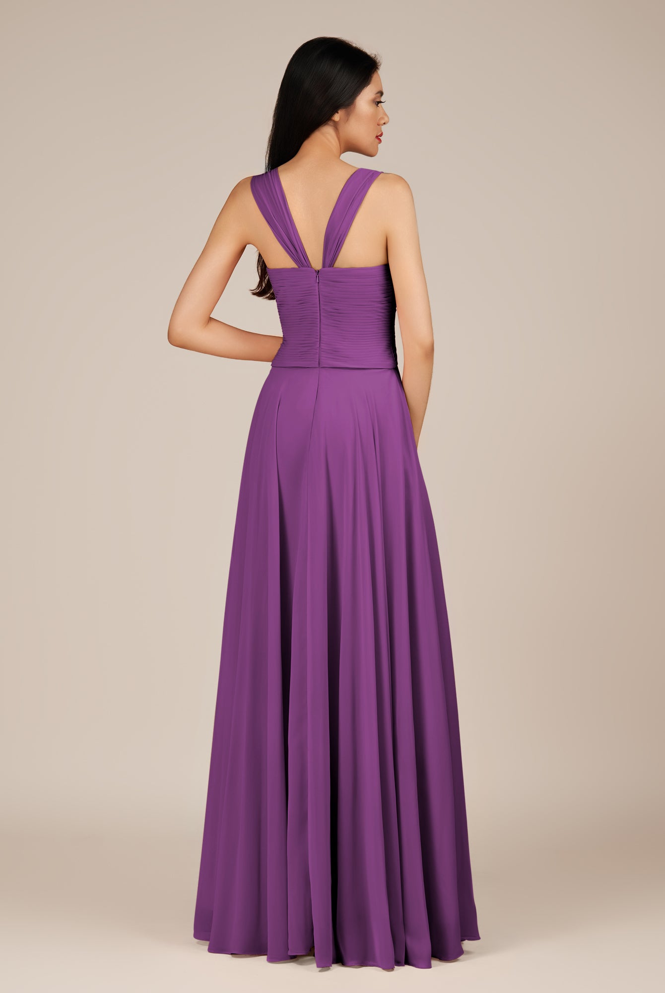KissDress-Cerelia Amethyst A Line V Neck Chiffon Long Bridesmaid Dress with Pleats