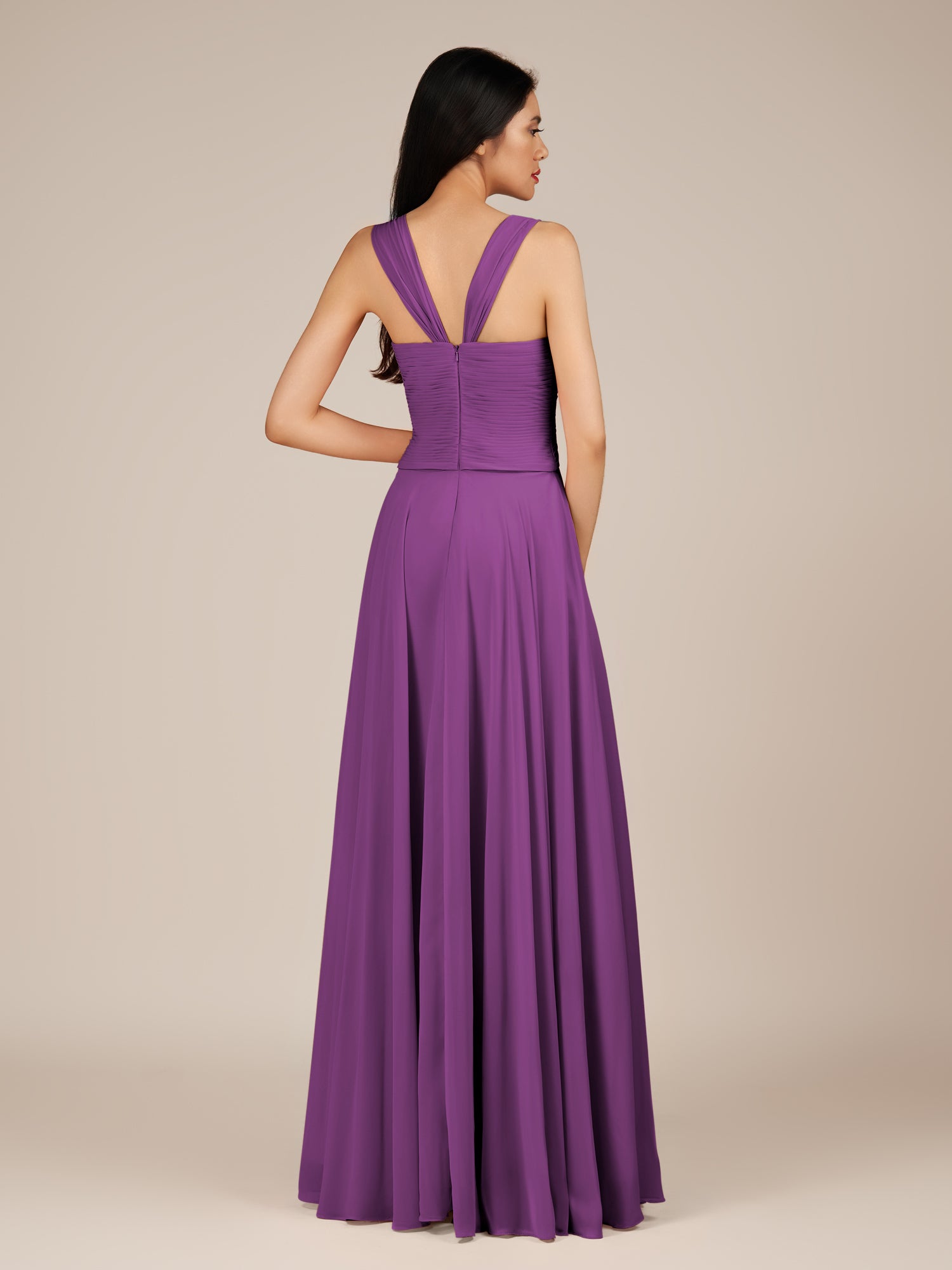 KissDress-Cerelia Amethyst A Line V Neck Chiffon Long Bridesmaid Dress with Pleats