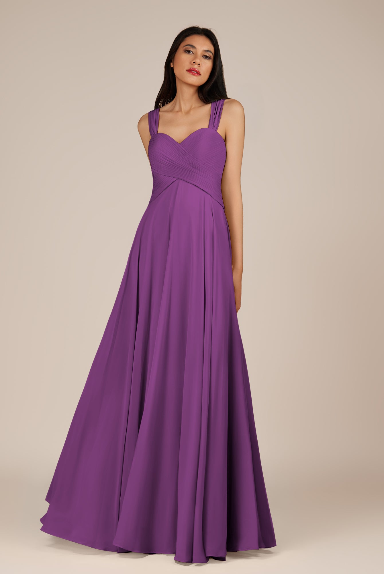 KissDress-Cerelia Amethyst A Line V Neck Chiffon Long Bridesmaid Dress with Pleats