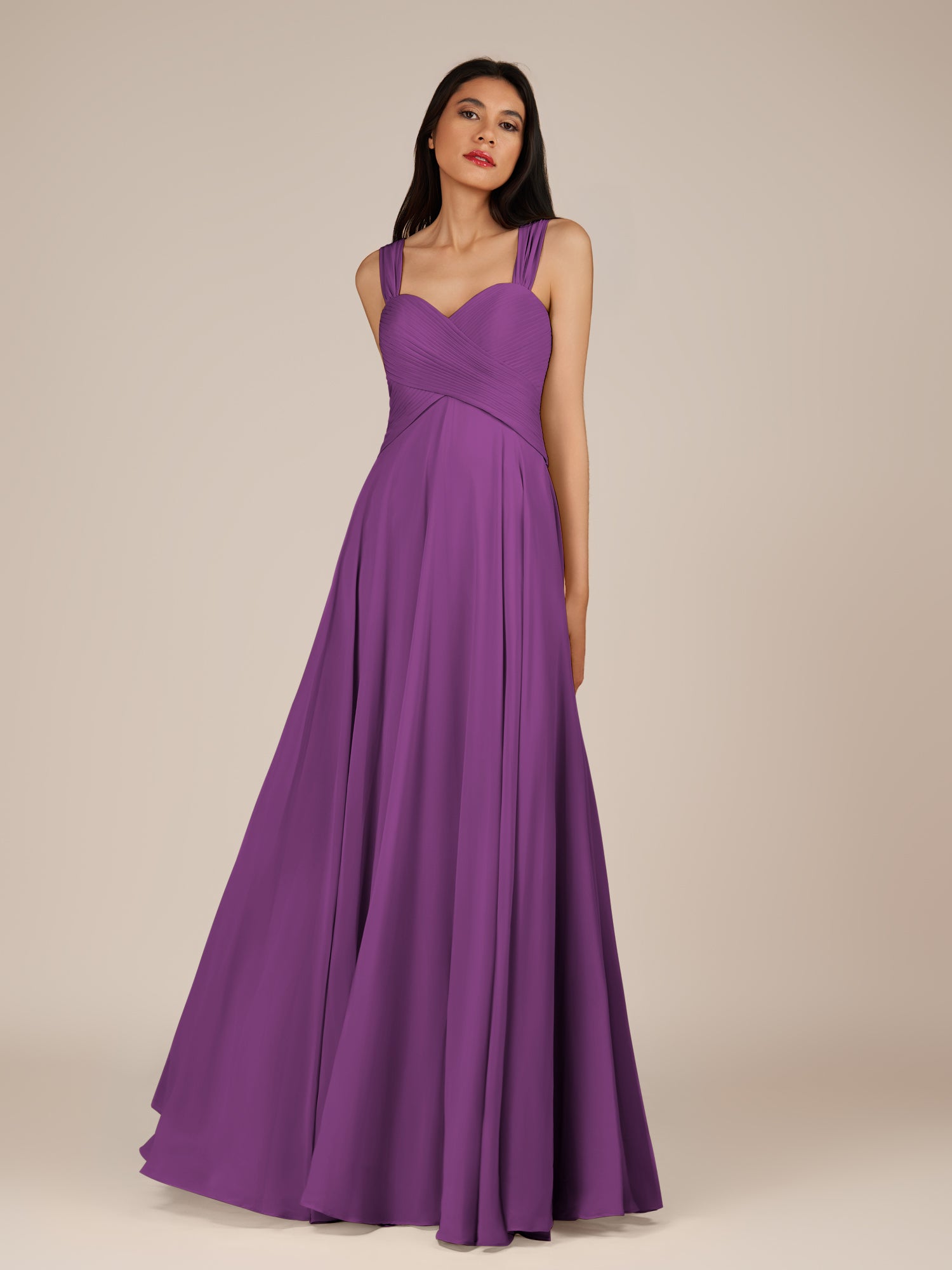 KissDress-Cerelia Amethyst A Line V Neck Chiffon Long Bridesmaid Dress with Pleats