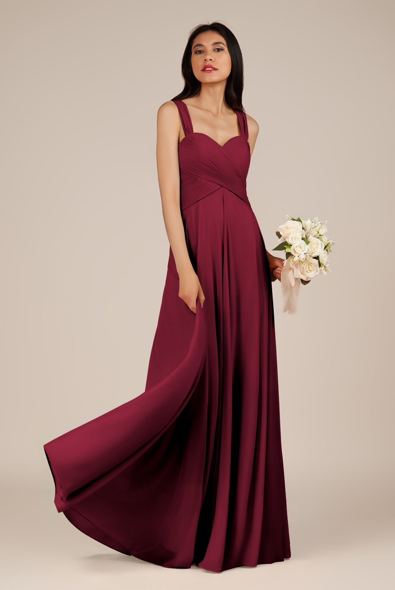 KissDress-Cerelia Berry A Line V Neck Chiffon Long Bridesmaid Dress with Pleats