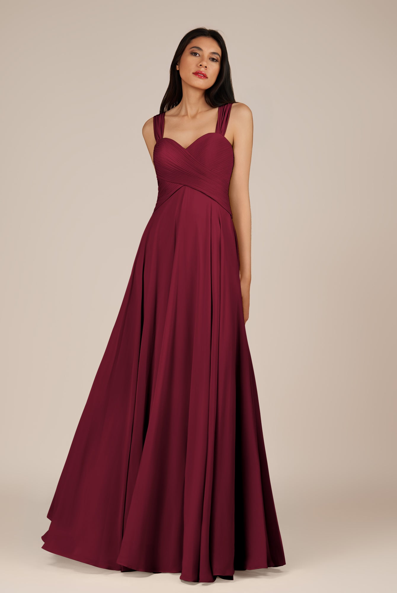 KissDress-Cerelia Berry A Line V Neck Chiffon Long Bridesmaid Dress with Pleats