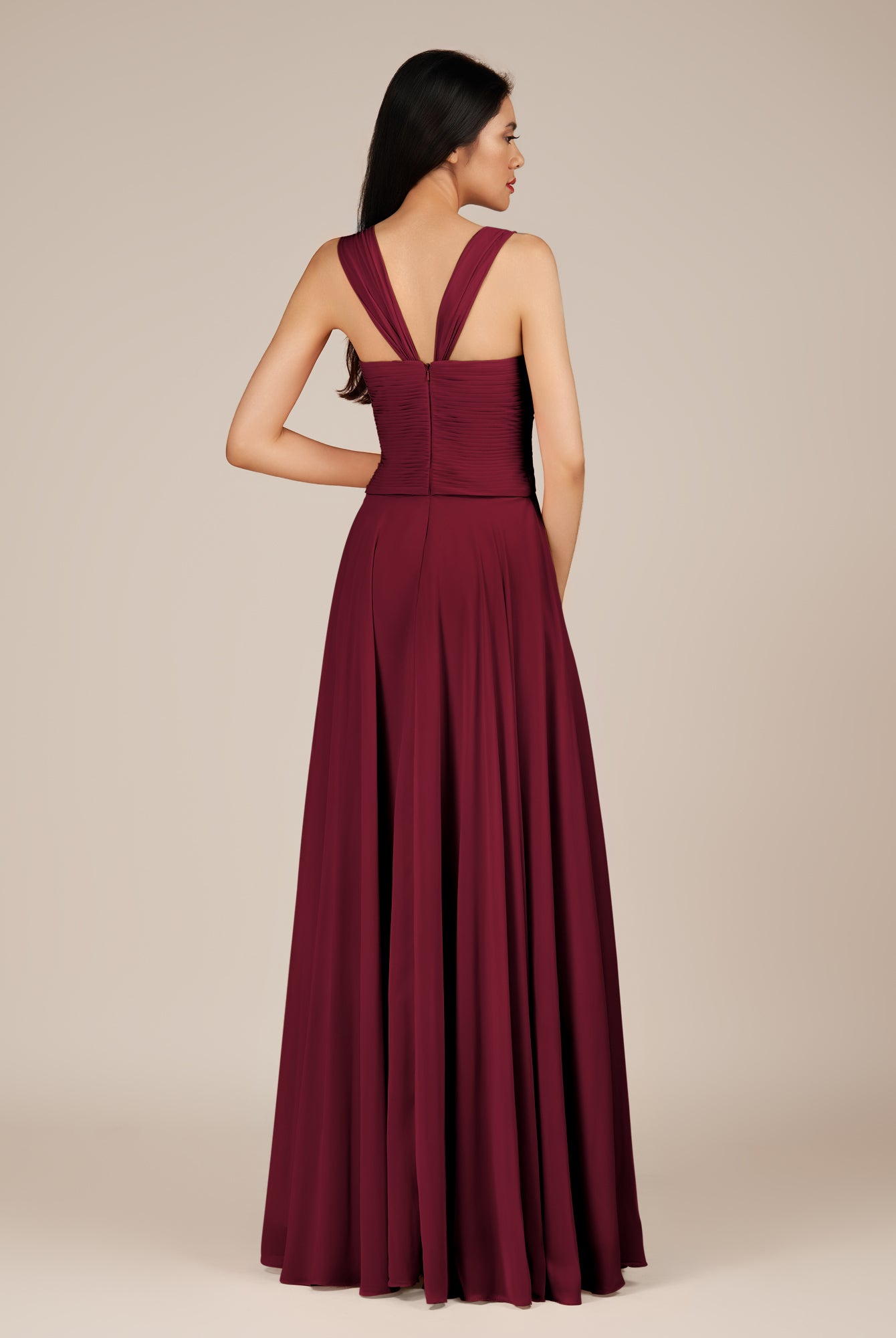 KissDress-Cerelia Berry A Line V Neck Chiffon Long Bridesmaid Dress with Pleats