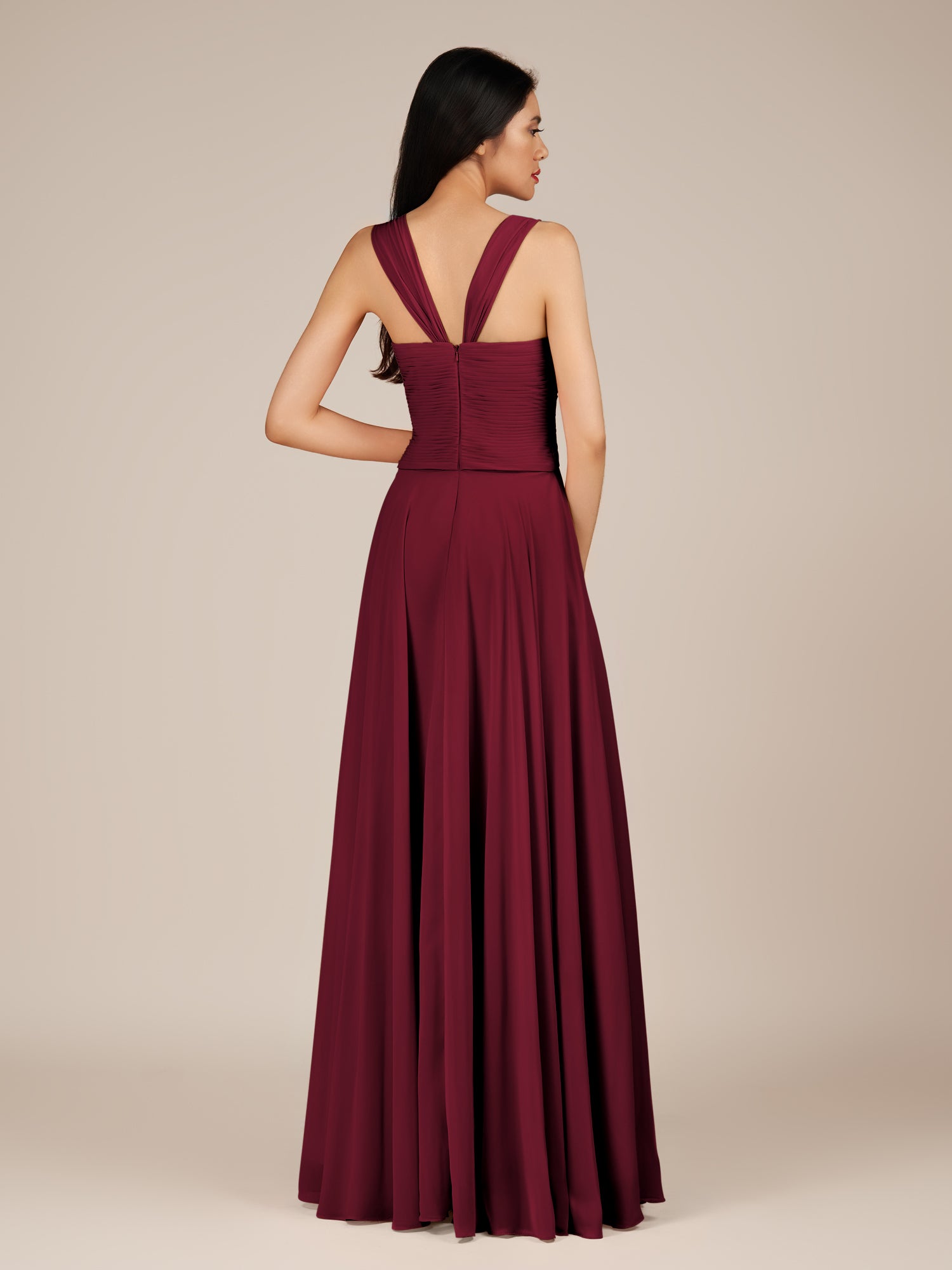 KissDress-Cerelia Berry A Line V Neck Chiffon Long Bridesmaid Dress with Pleats
