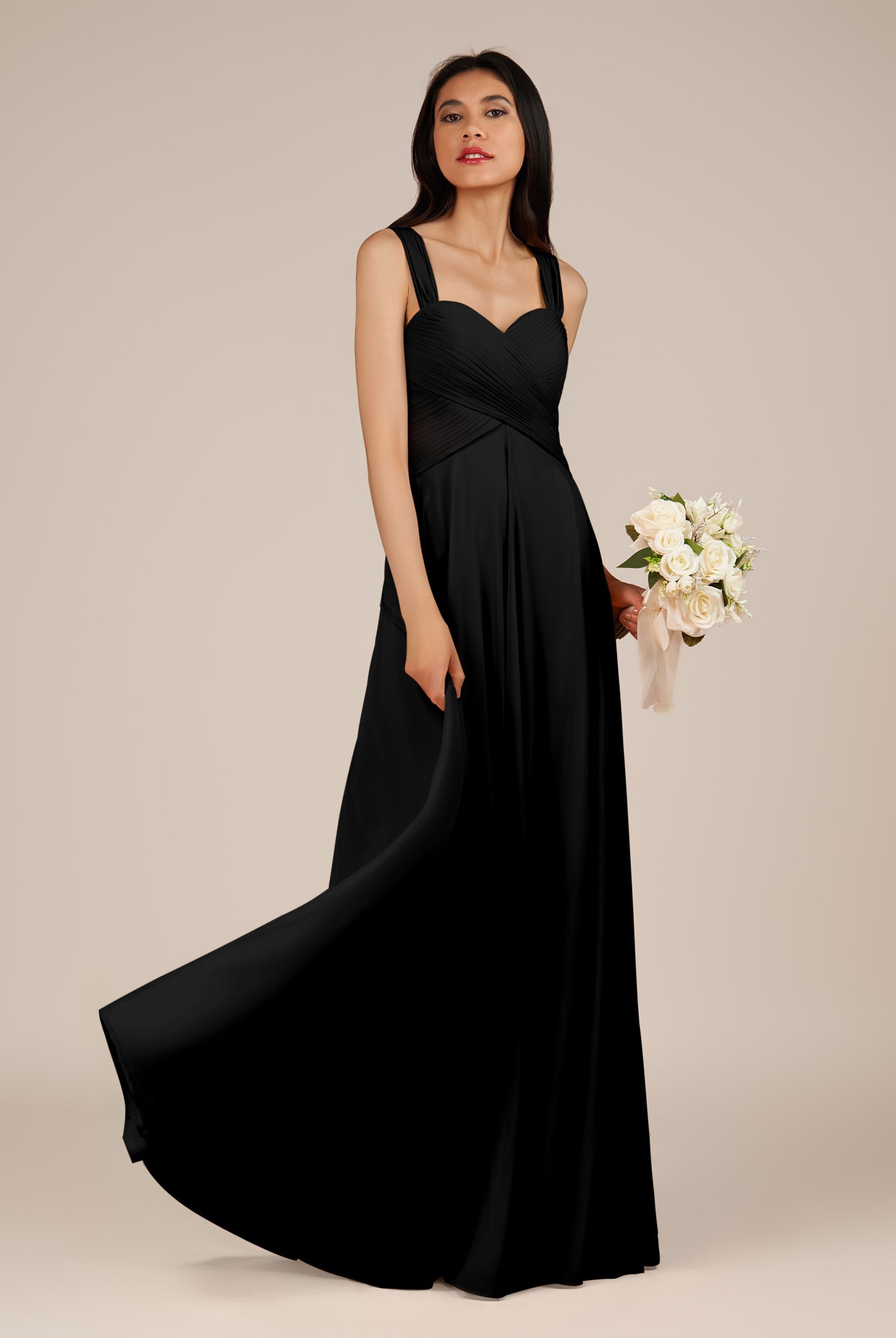 KissDress-Cerelia Black A Line V Neck Chiffon Long Bridesmaid Dress with Pleats