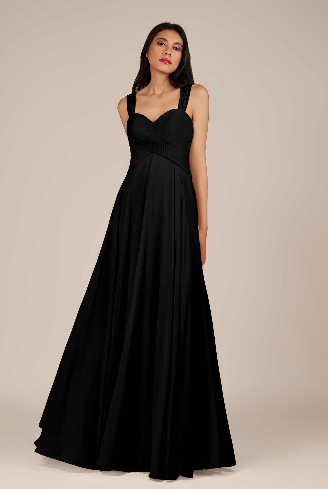 KissDress-Cerelia Black A Line V Neck Chiffon Long Bridesmaid Dress with Pleats